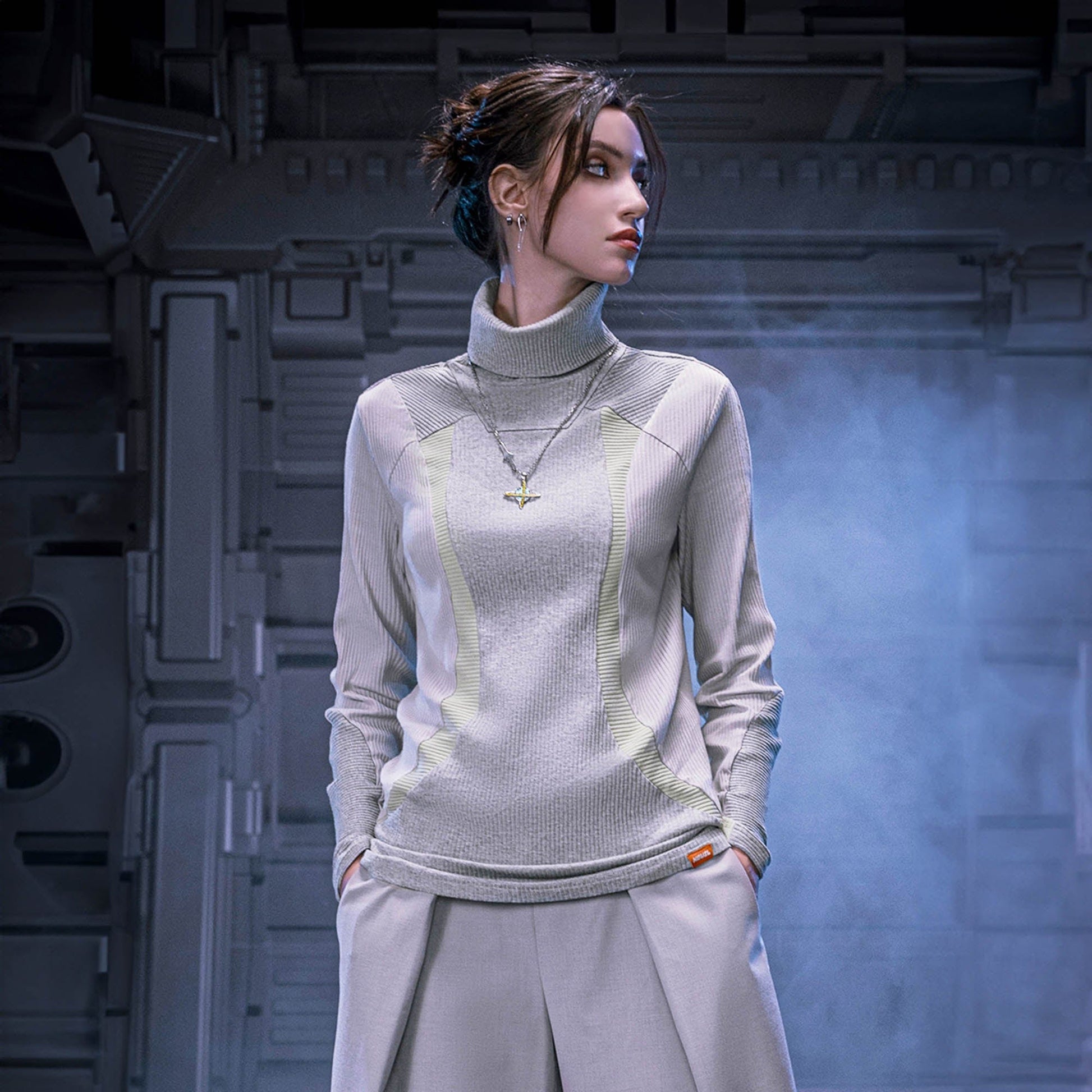 XIPHEVIL Ribbed Paneled Turtleneck Long-Sleeve Tee Grey-L/S Tee-XS-Free Shipping Leatheretro