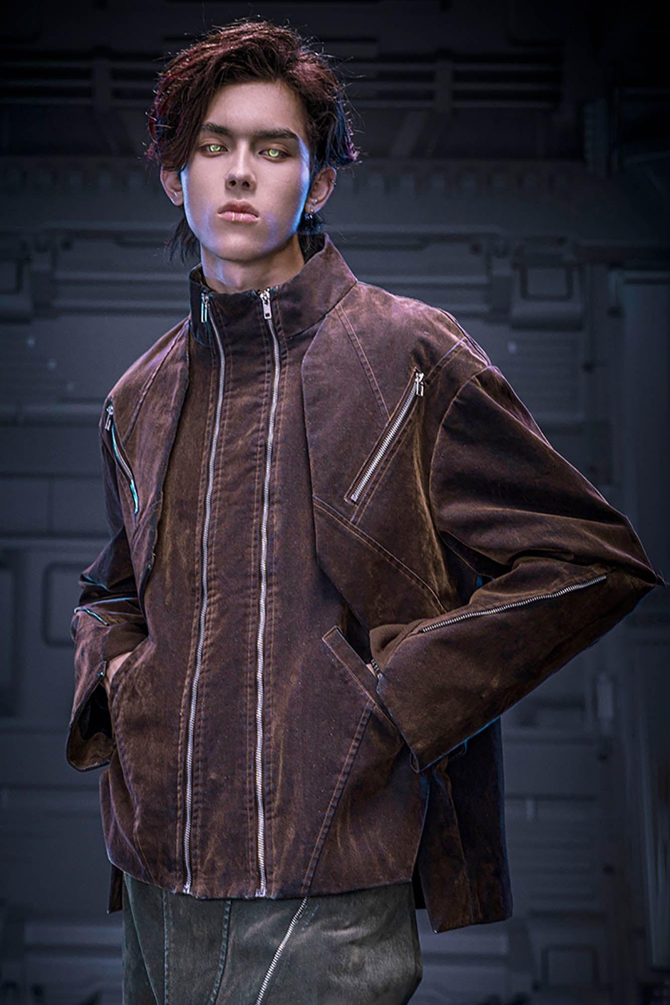 XIPHEVIL Mech Deconstructed Washed Denim Jacket Brown-Jacket-XS-Free Shipping Leatheretro