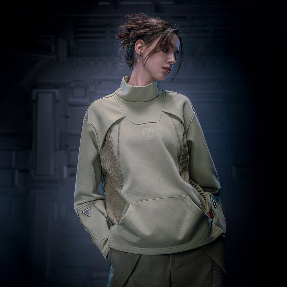 XIPHEVIL Mesh Paneled Tactical Turtleneck Sweatshirt Green-L/S Tee-XS-Free Shipping Leatheretro