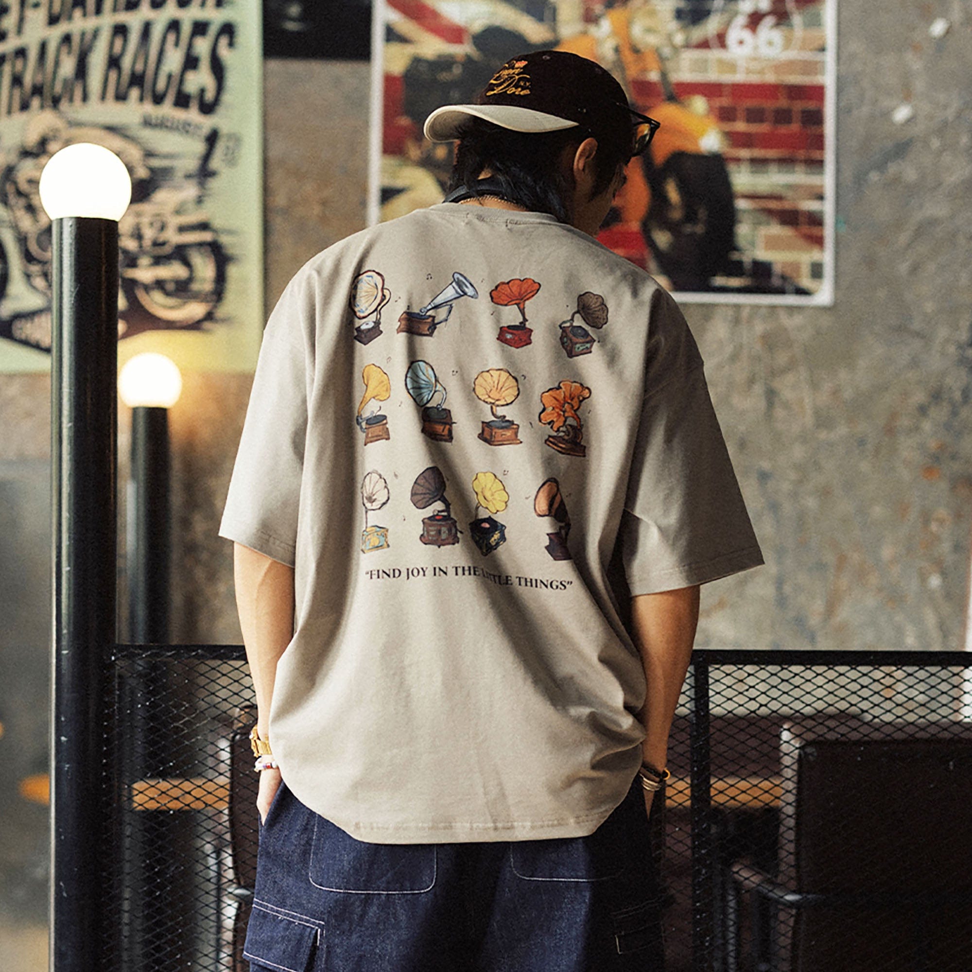 BANANA CLUB Gramophone Graphic Sorona Oversized T-Shirt-T Shirt-S-White-Free Shipping Leatheretro