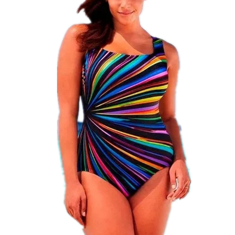 Sexy Women Striped Plus Sizes Women One Piece Swimwear-Swimwear-Rainbow-L-Free Shipping Leatheretro