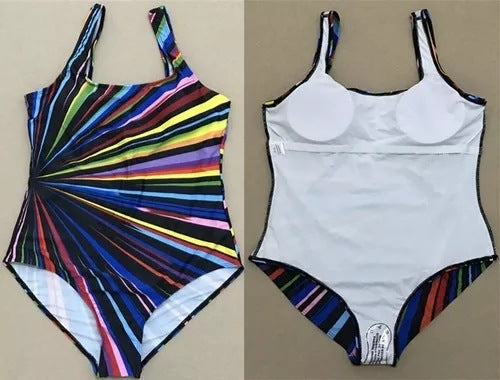 Sexy Women Striped Plus Sizes Women One Piece Swimwear-Swimwear-Rainbow-L-Free Shipping Leatheretro