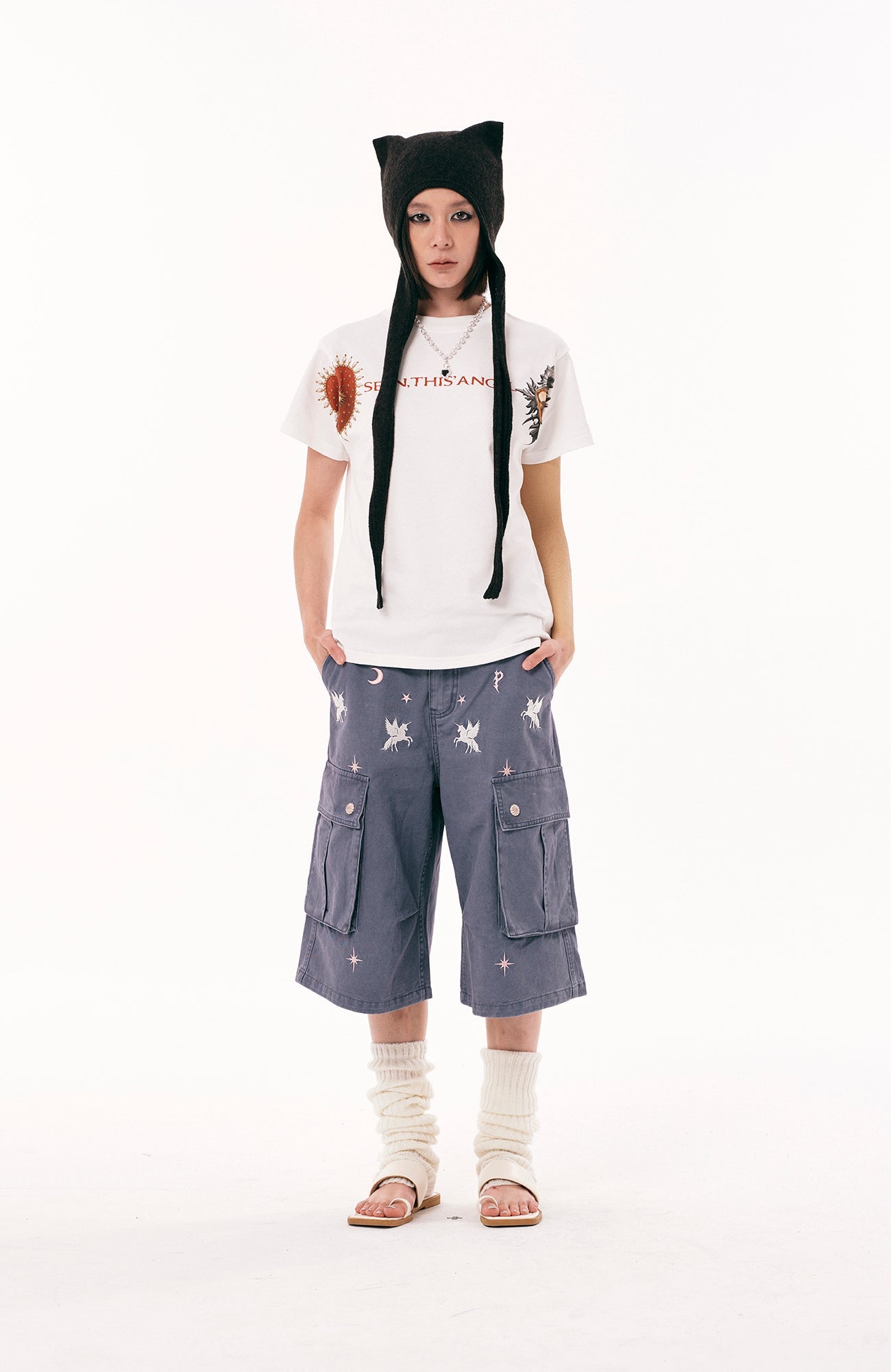 PASET Unicorn Embroidered Cargo Shorts-Shorts-S / 28"-Free Shipping Leatheretro