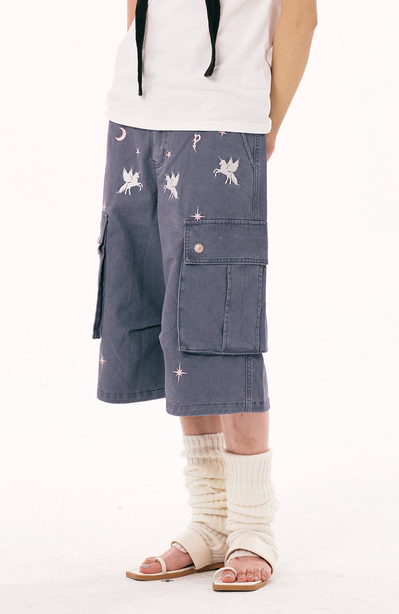 PASET Unicorn Embroidered Cargo Shorts-Shorts-S / 28"-Free Shipping Leatheretro