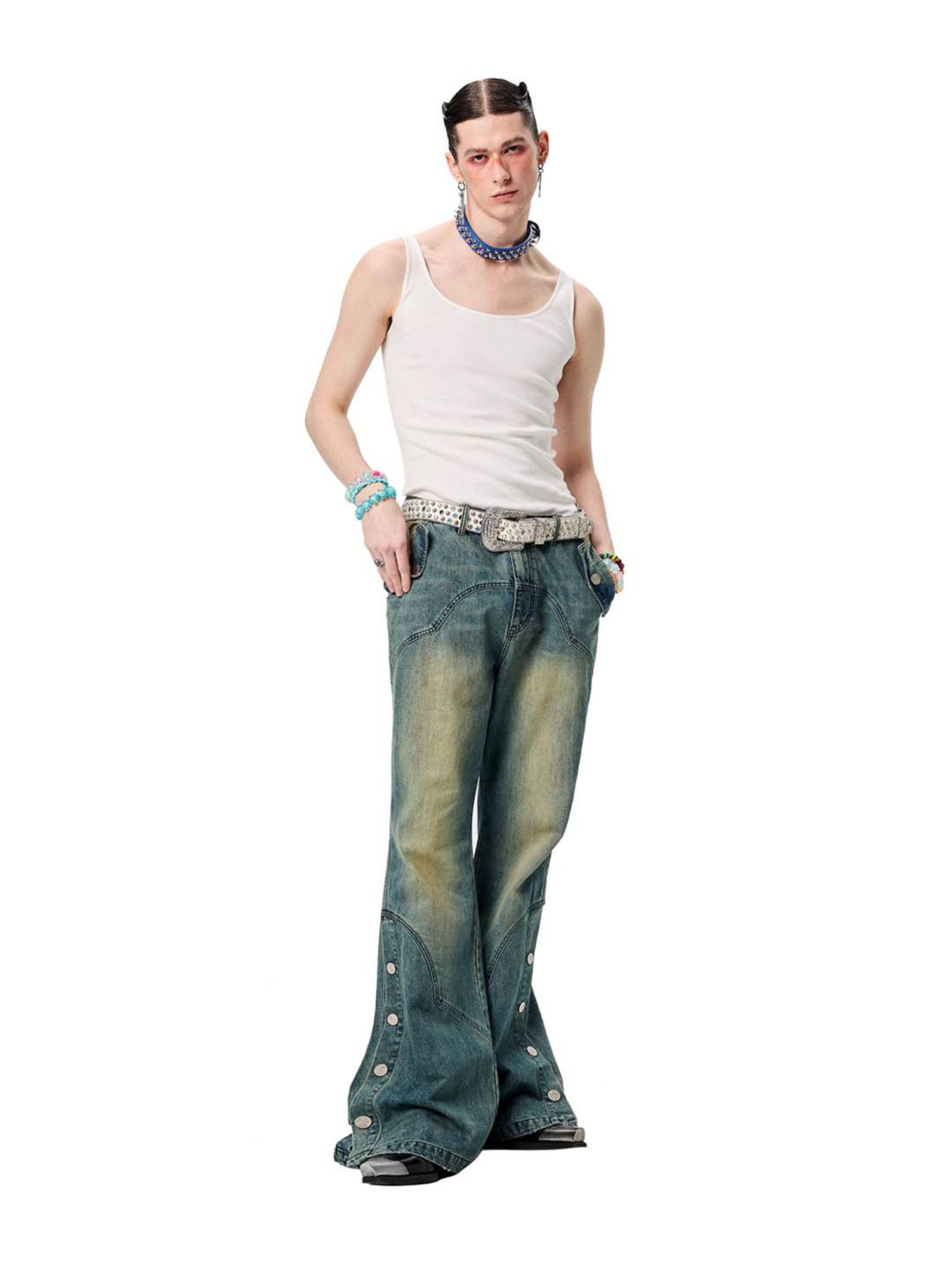 ERISSTOFF Washed Detachable Flared Jeans Blue-Jeans-S / 30"-Free Shipping Leatheretro