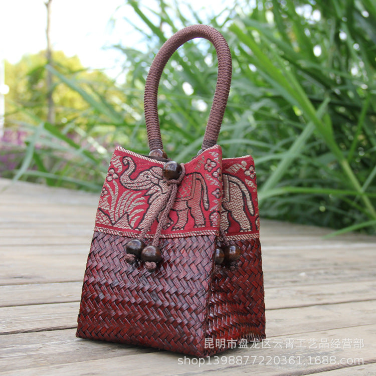 Handwoven Straw Tote Bag Mini Beach Bag for Vacation, Summer, and Resort Wear-Handbags-C011 coffee red-Free Shipping Leatheretro