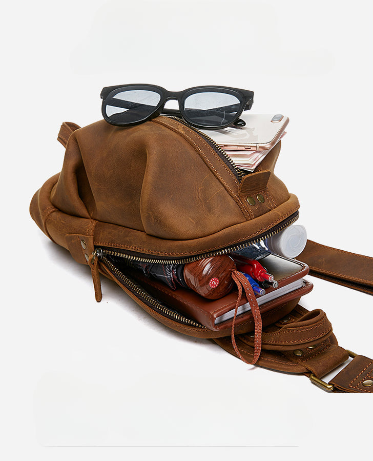 Vintage Crazy Horse Leather Men's Chest Bag-Handbags-Black-12 inches-Free Shipping Leatheretro