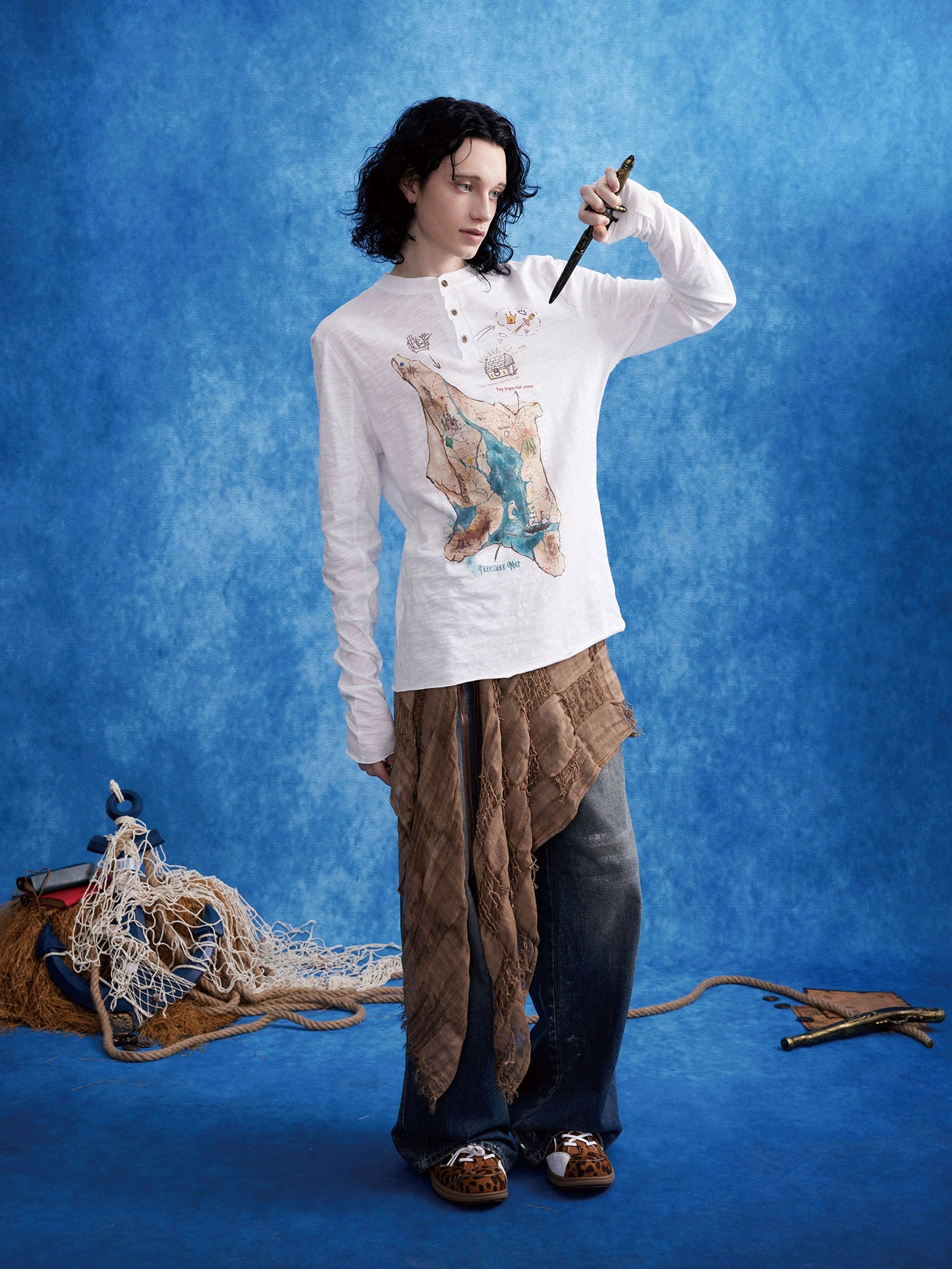 OIPWORD Treasure Map Henley Long-Sleeve Tee-L/S Tee-S-Free Shipping Leatheretro