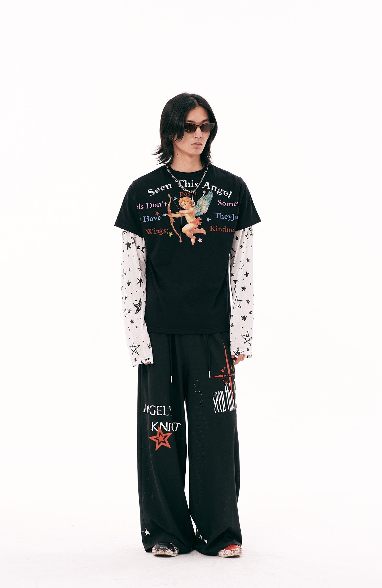 PASET Star Graphic Wide-Leg Pants-Pants-S / 26"-30"-White-Free Shipping Leatheretro