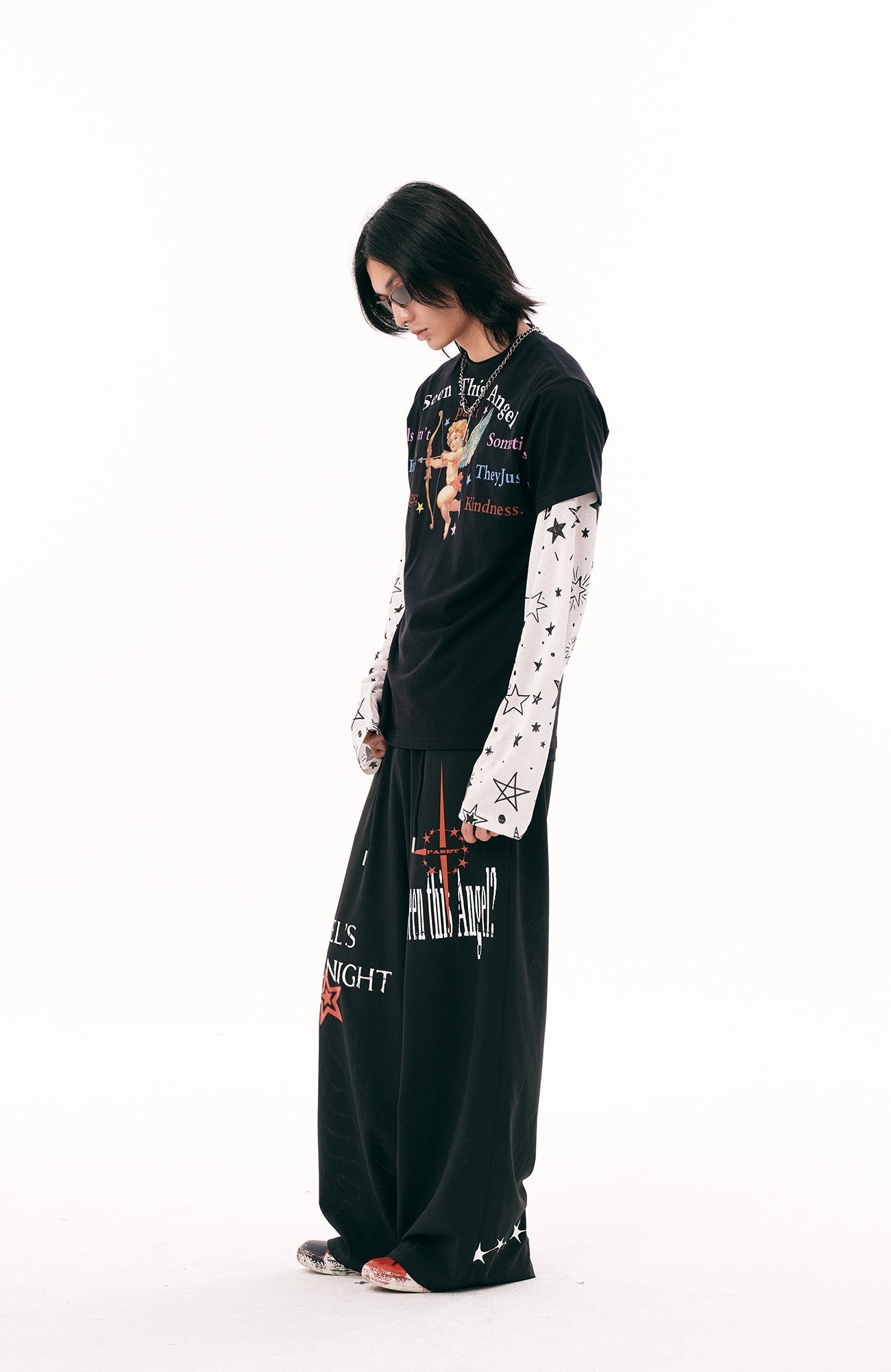 PASET Star Graphic Wide-Leg Pants-Pants-S / 26"-30"-White-Free Shipping Leatheretro
