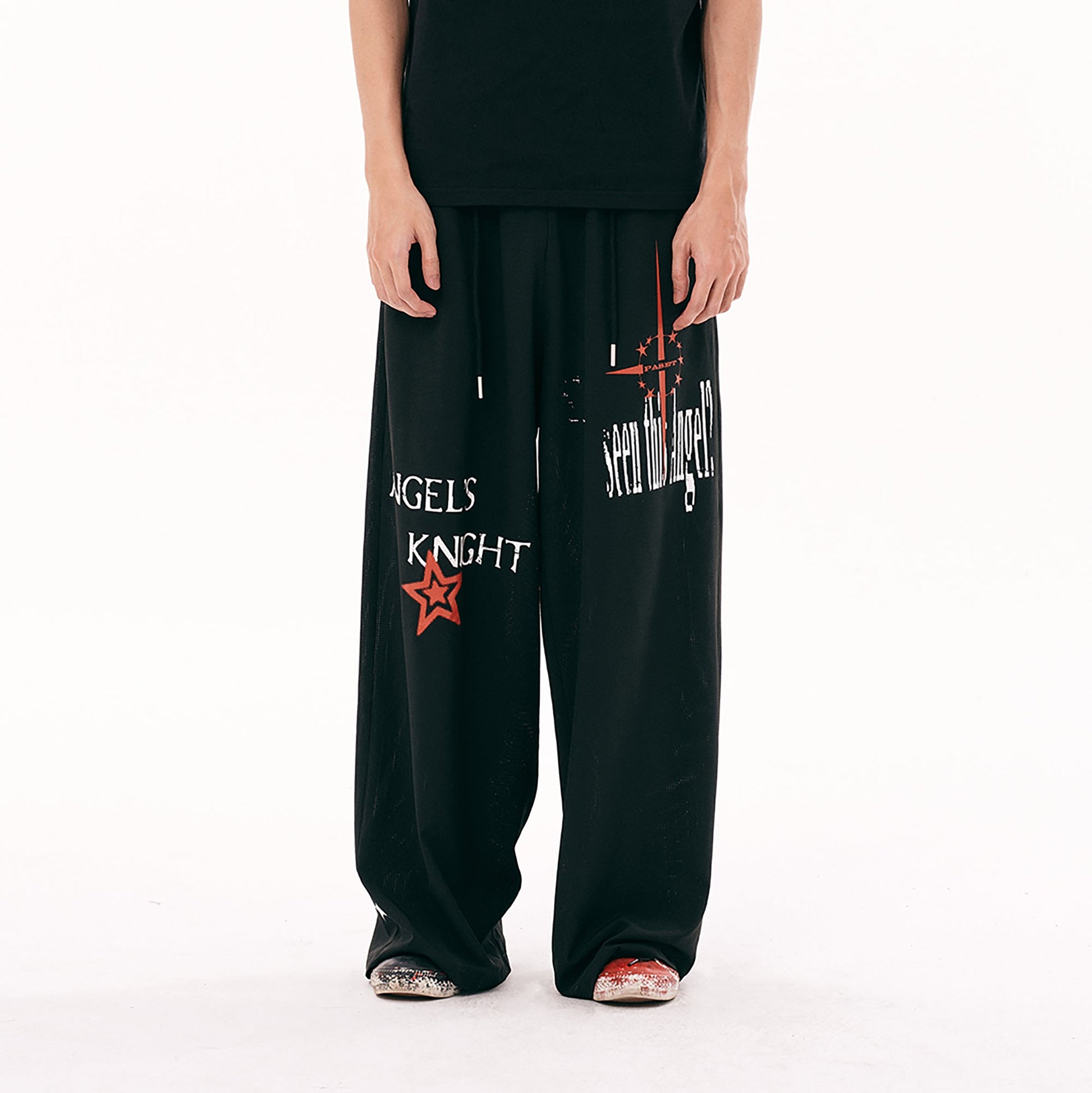 PASET Star Graphic Wide-Leg Pants-Pants-S / 26"-30"-Black-Free Shipping Leatheretro