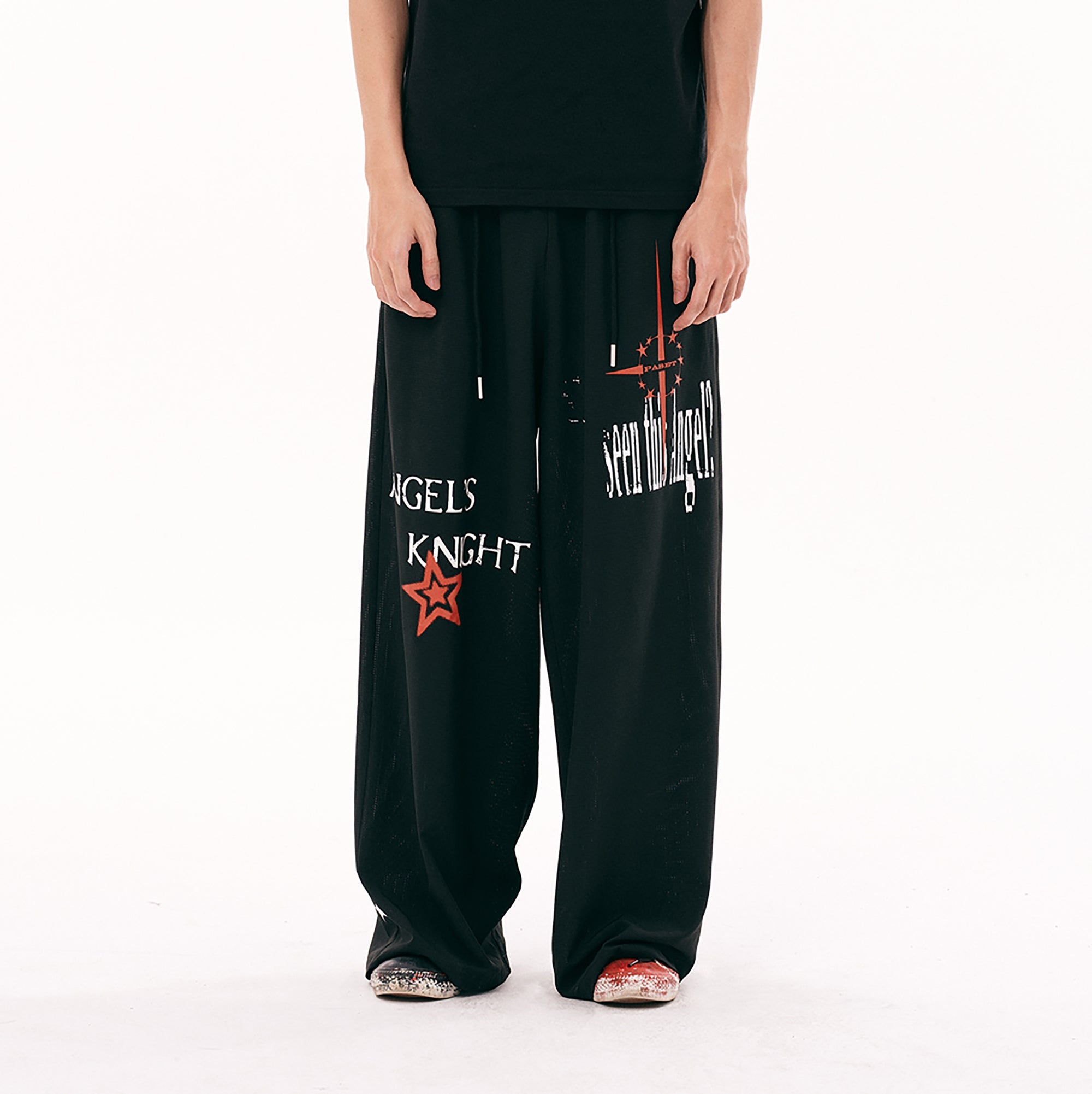 PASET Star Graphic Wide-Leg Pants-Pants-S / 26"-30"-Black-Free Shipping Leatheretro