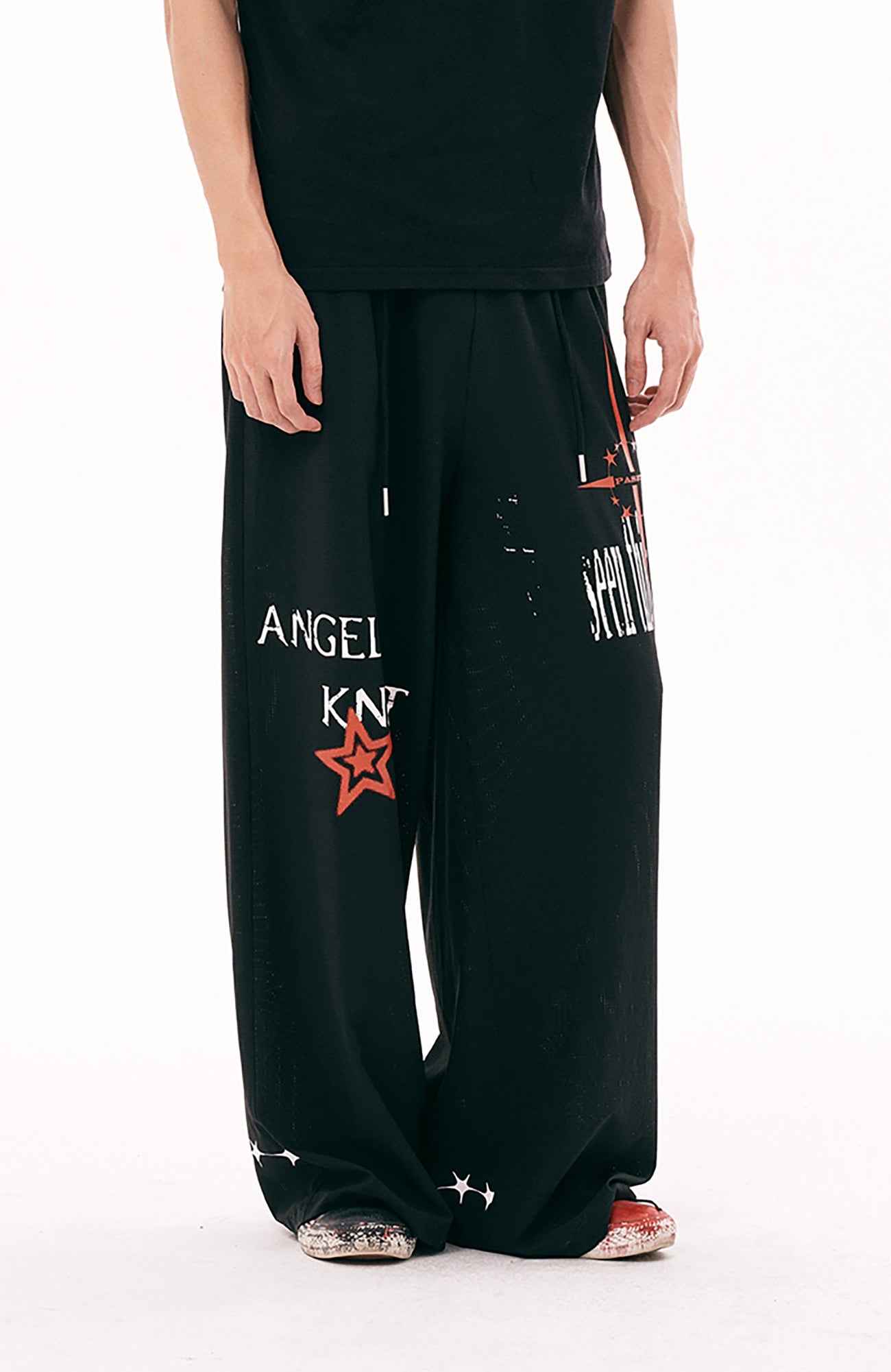 PASET Star Graphic Wide-Leg Pants-Pants-S / 26"-30"-White-Free Shipping Leatheretro