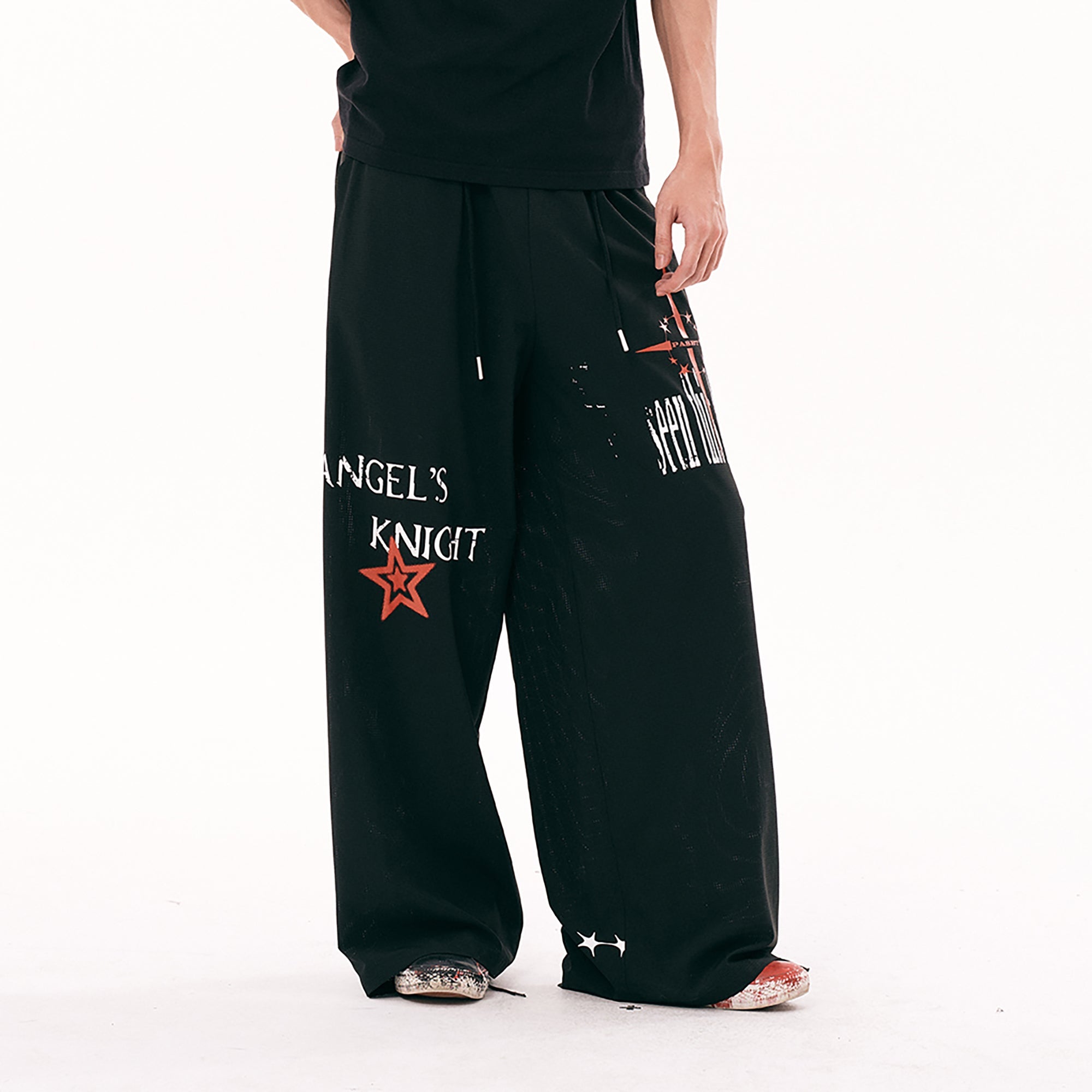 PASET Star Graphic Wide-Leg Pants-Pants-S / 26"-30"-White-Free Shipping Leatheretro