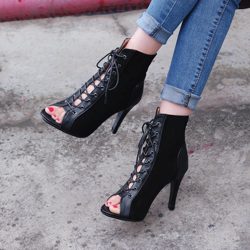 Fashion Summer Lace Up Women Rome Sandals-boots-Black-34-Free Shipping Leatheretro