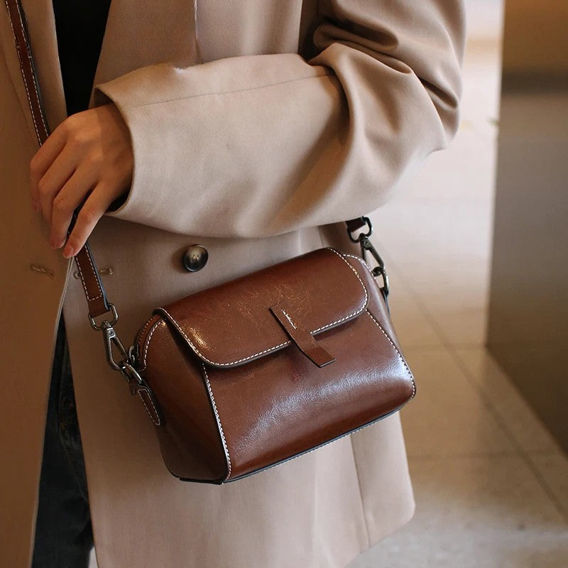 Oil Wax Cowhide Leather Crossbody Bag - Fashionable Versatile Shoulder Shell Handbag-Crossbody Bag-Black-Free Shipping Leatheretro
