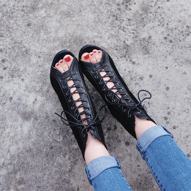 Fashion Summer Lace Up Women Rome Sandals-boots-Black-34-Free Shipping Leatheretro