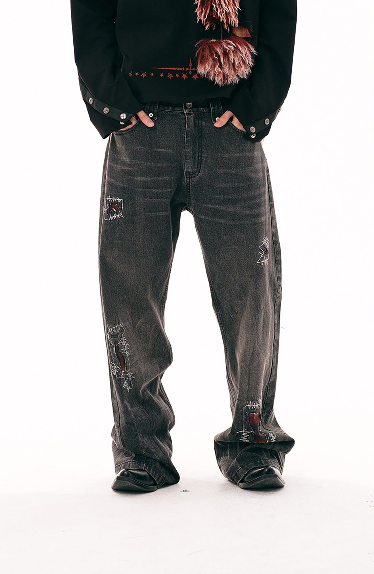 PASET Plaid Patch Distressed Back Buckle Jeans-Jeans-S / 28"-Free Shipping Leatheretro