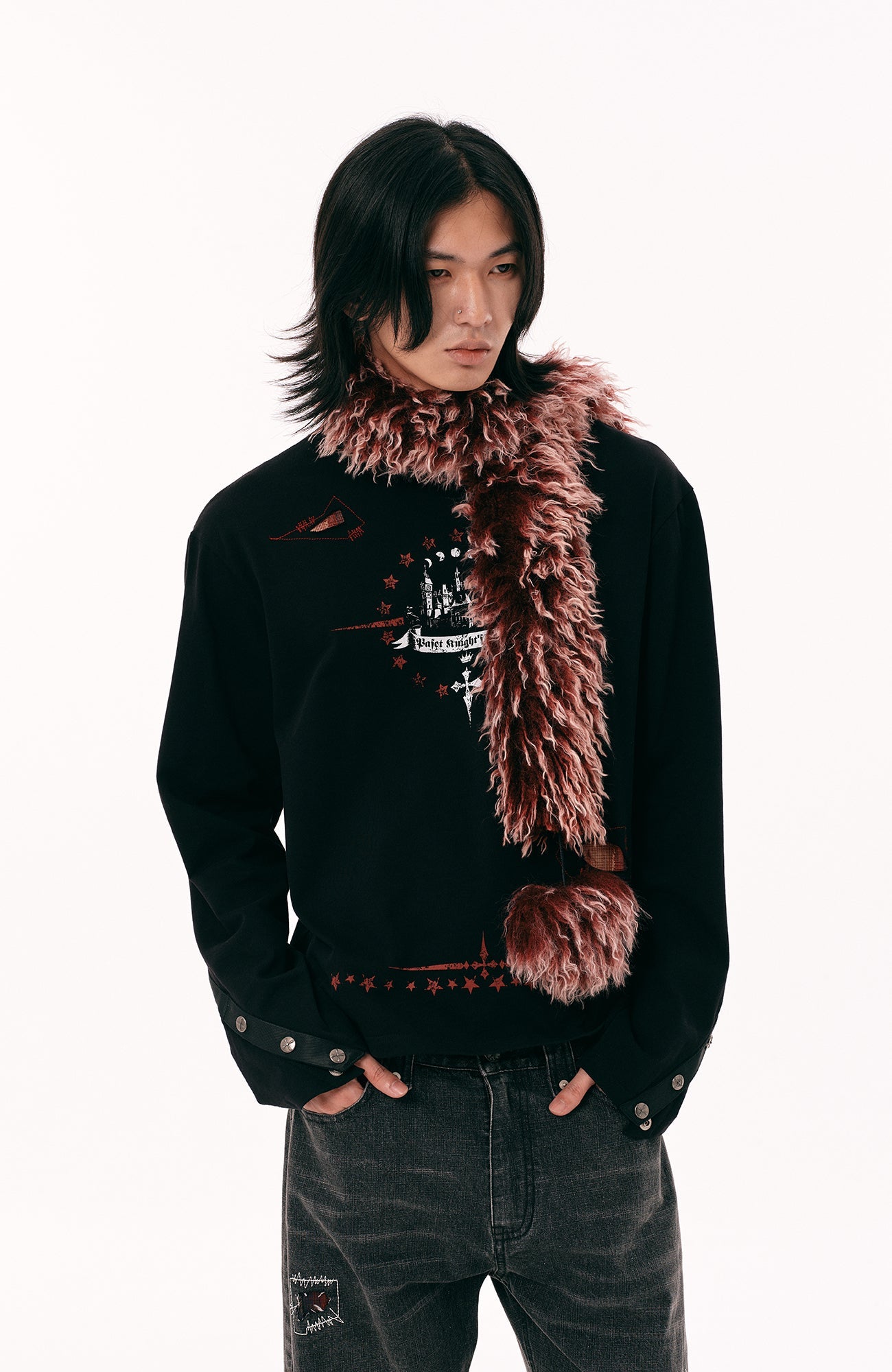 PASET Button Cuff Gothic Graphic Long-Sleeve Tee-L/S Tee-S-Free Shipping Leatheretro