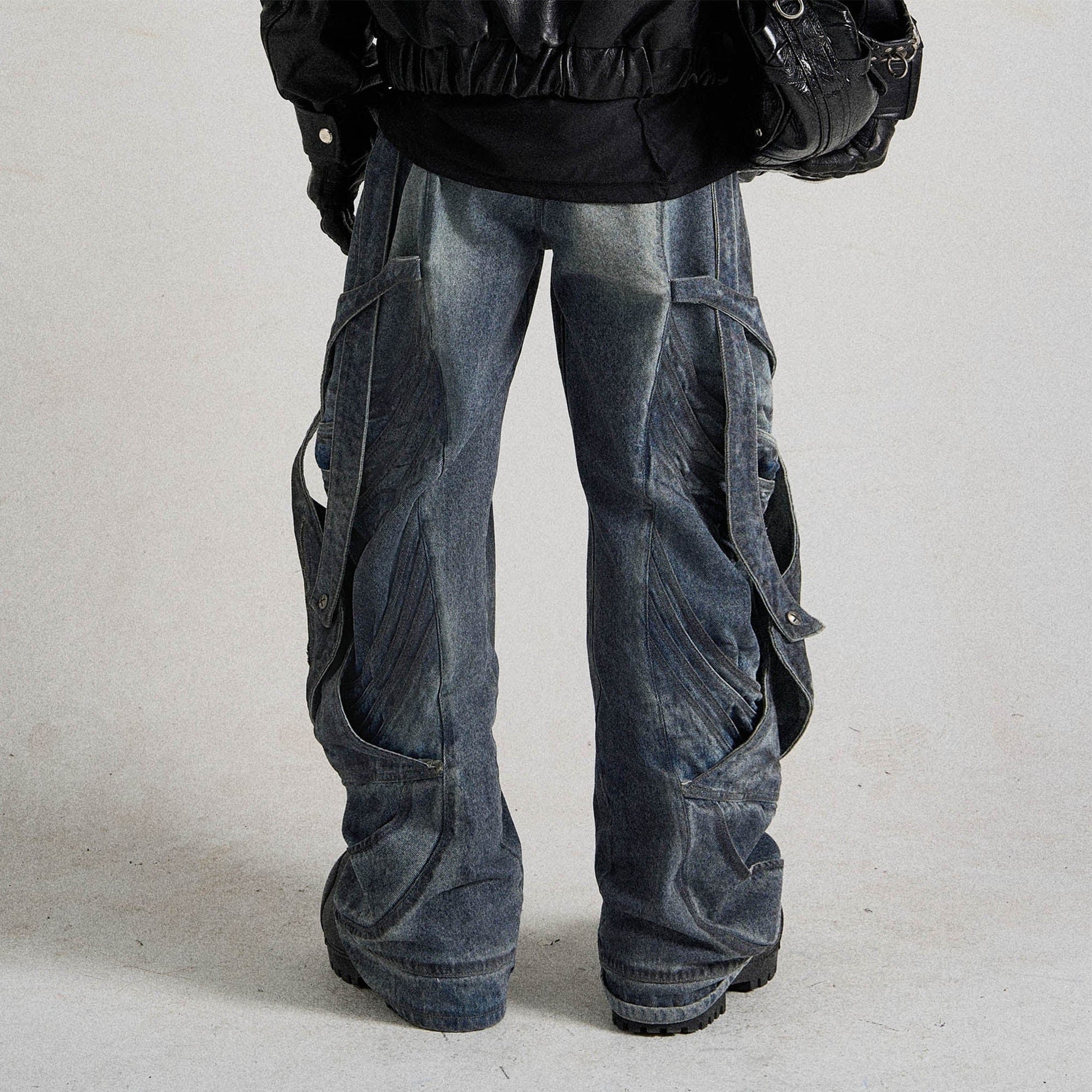 FLYERRER Deconstructed Multi-Strap Wide-Leg Jeans-Jeans-S-Free Shipping Leatheretro