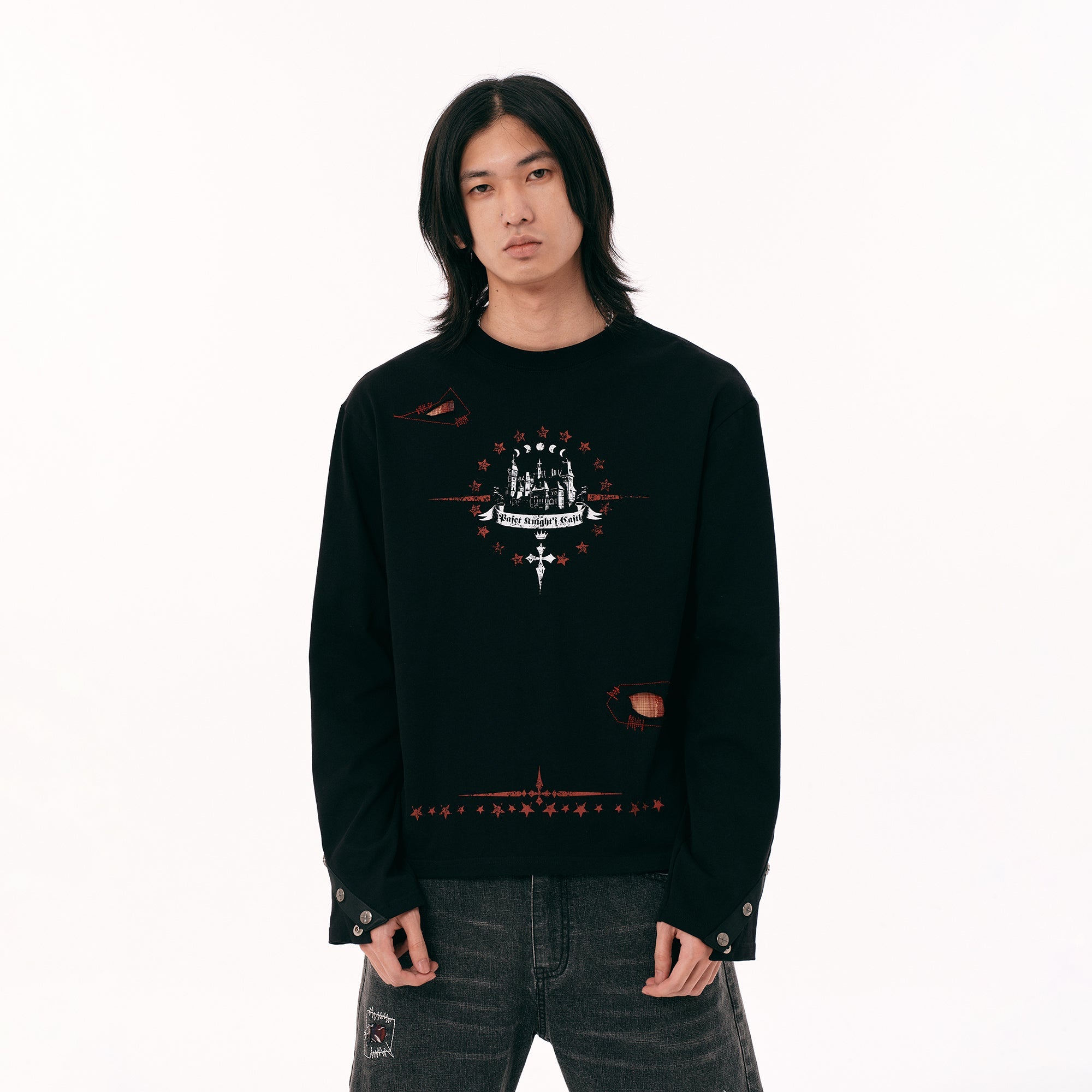 PASET Button Cuff Gothic Graphic Long-Sleeve Tee-L/S Tee-S-Free Shipping Leatheretro
