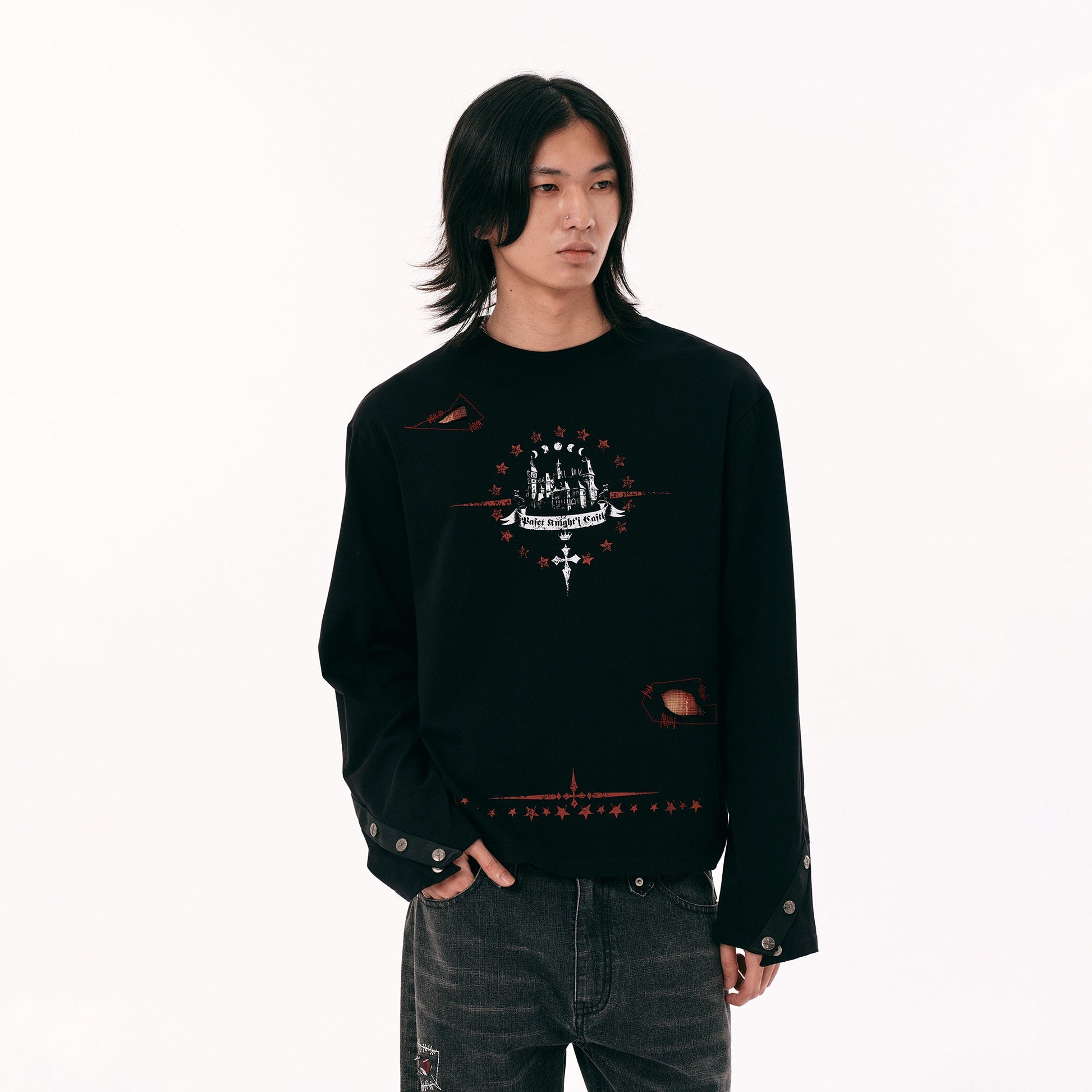 PASET Button Cuff Gothic Graphic Long-Sleeve Tee-L/S Tee-S-Free Shipping Leatheretro