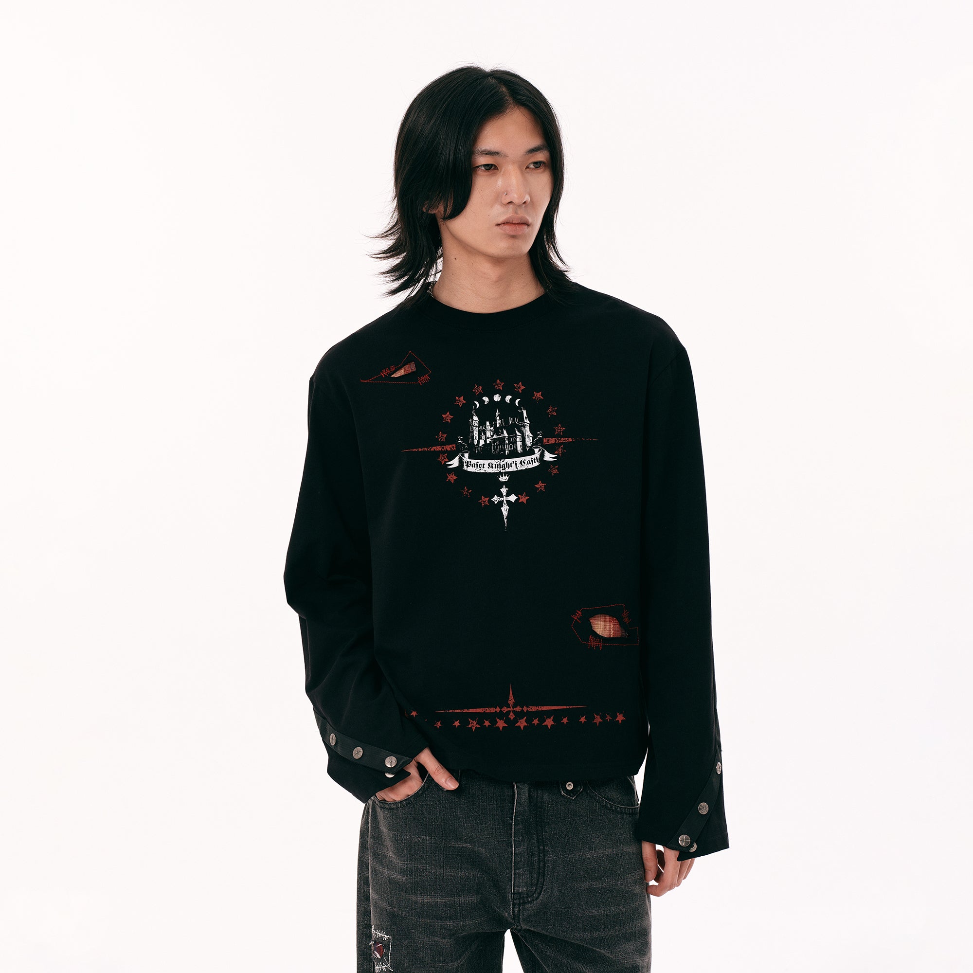 PASET Button Cuff Gothic Graphic Long-Sleeve Tee-L/S Tee-S-Free Shipping Leatheretro
