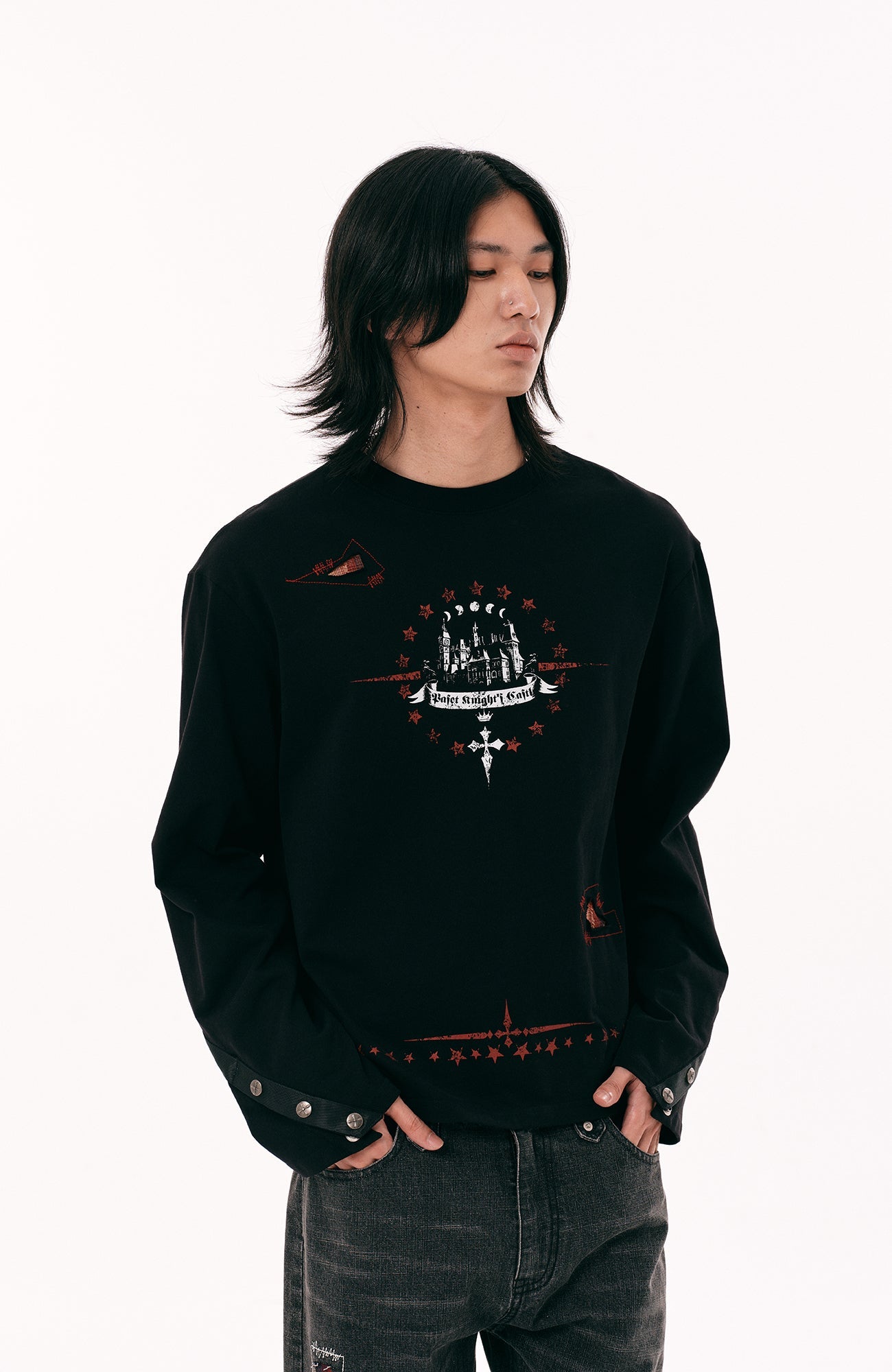 PASET Button Cuff Gothic Graphic Long-Sleeve Tee-L/S Tee-S-Free Shipping Leatheretro