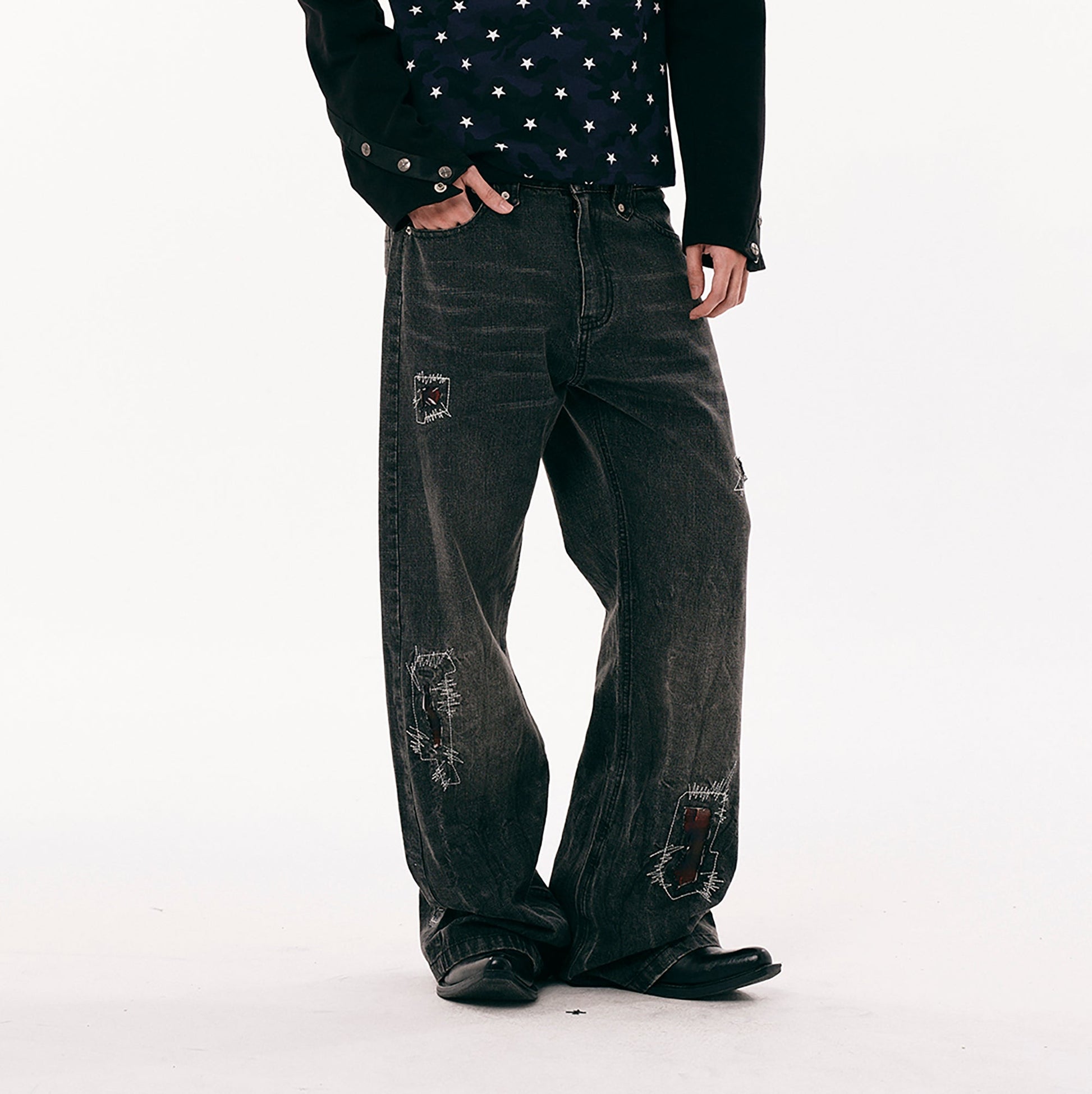 PASET Plaid Patch Distressed Back Buckle Jeans-Jeans-S / 28"-Free Shipping Leatheretro