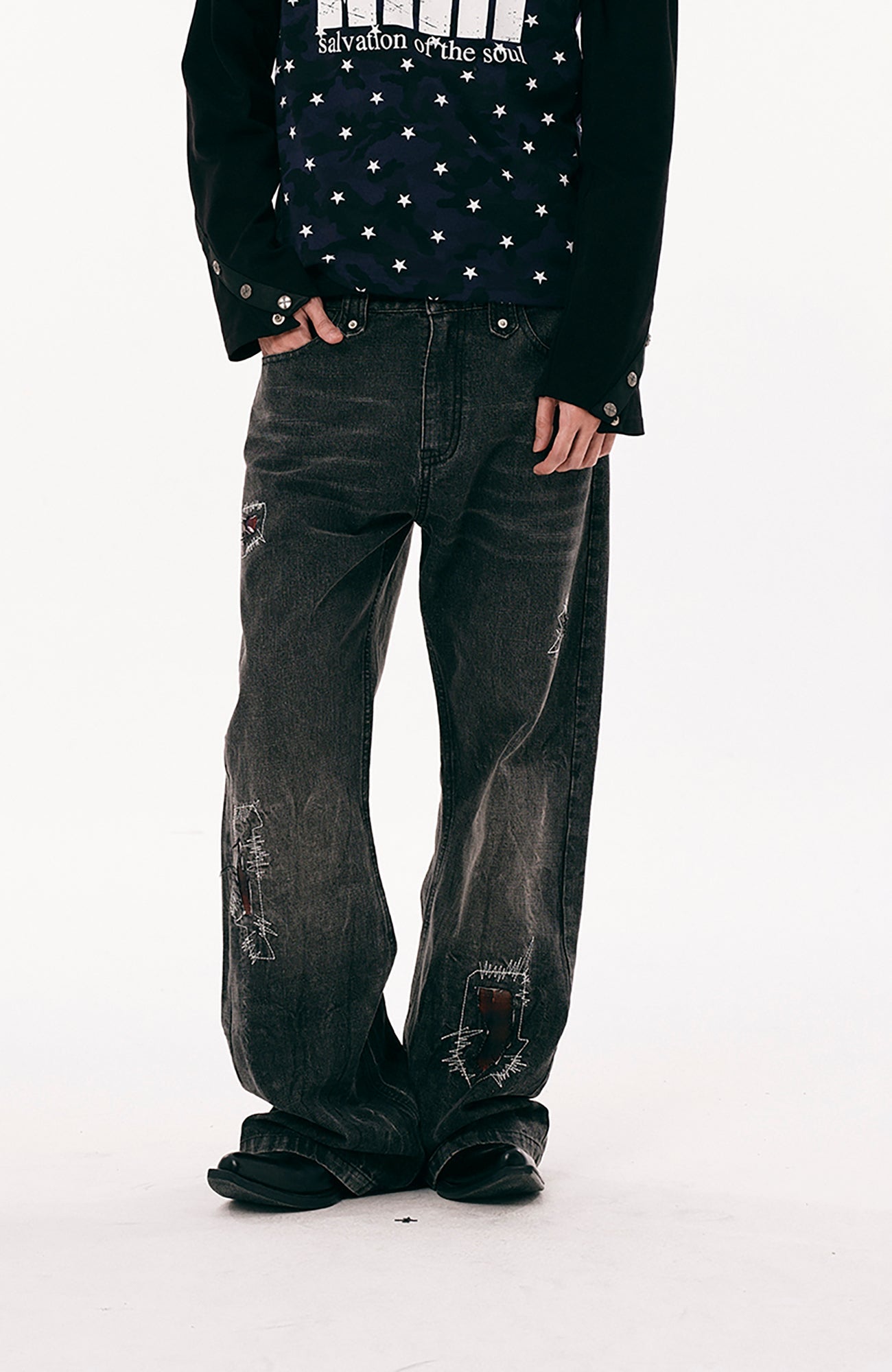 PASET Plaid Patch Distressed Back Buckle Jeans-Jeans-S / 28"-Free Shipping Leatheretro