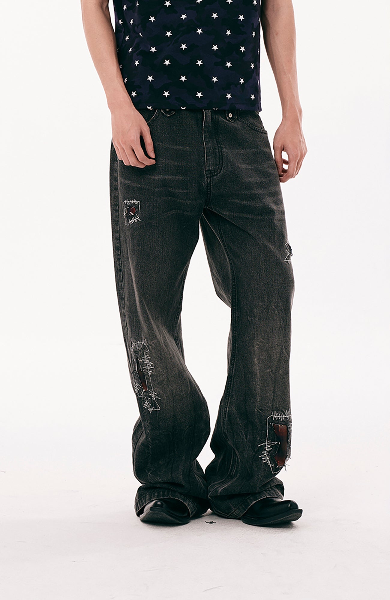 PASET Plaid Patch Distressed Back Buckle Jeans-Jeans-S / 28"-Free Shipping Leatheretro