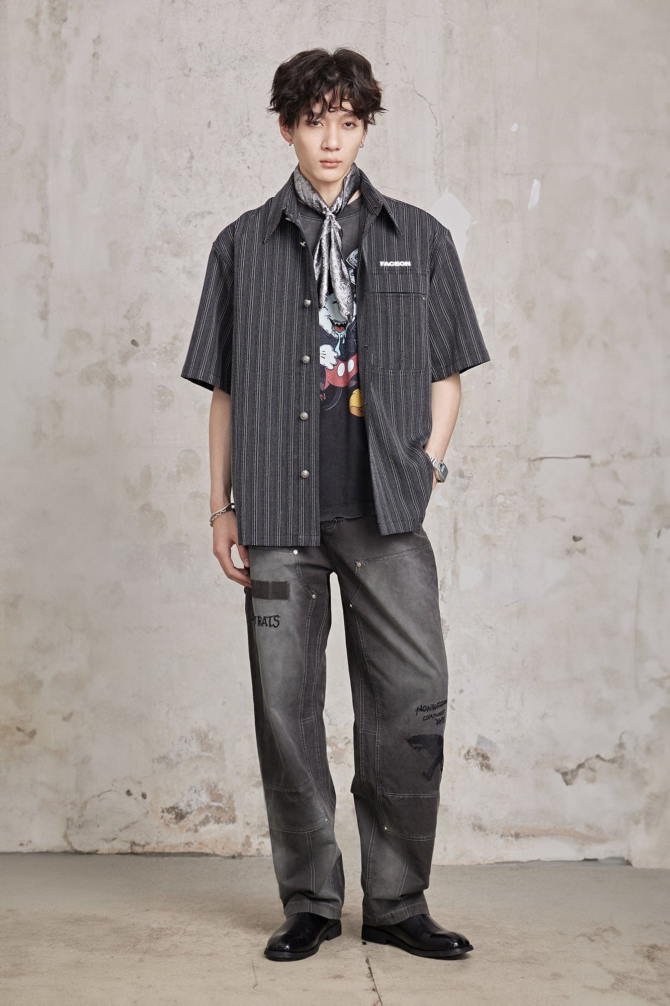 FACEONLAB Retro Textured Contrast Stripe Half Shirt-Half shirt-M-Black-Free Shipping Leatheretro