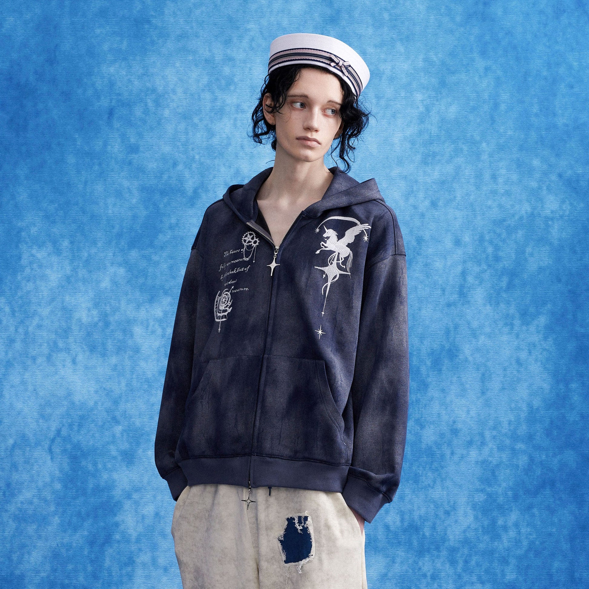 OIPWORD Embroidered Distressed Dual-Zip Hoodie-Jacket-S-Free Shipping Leatheretro