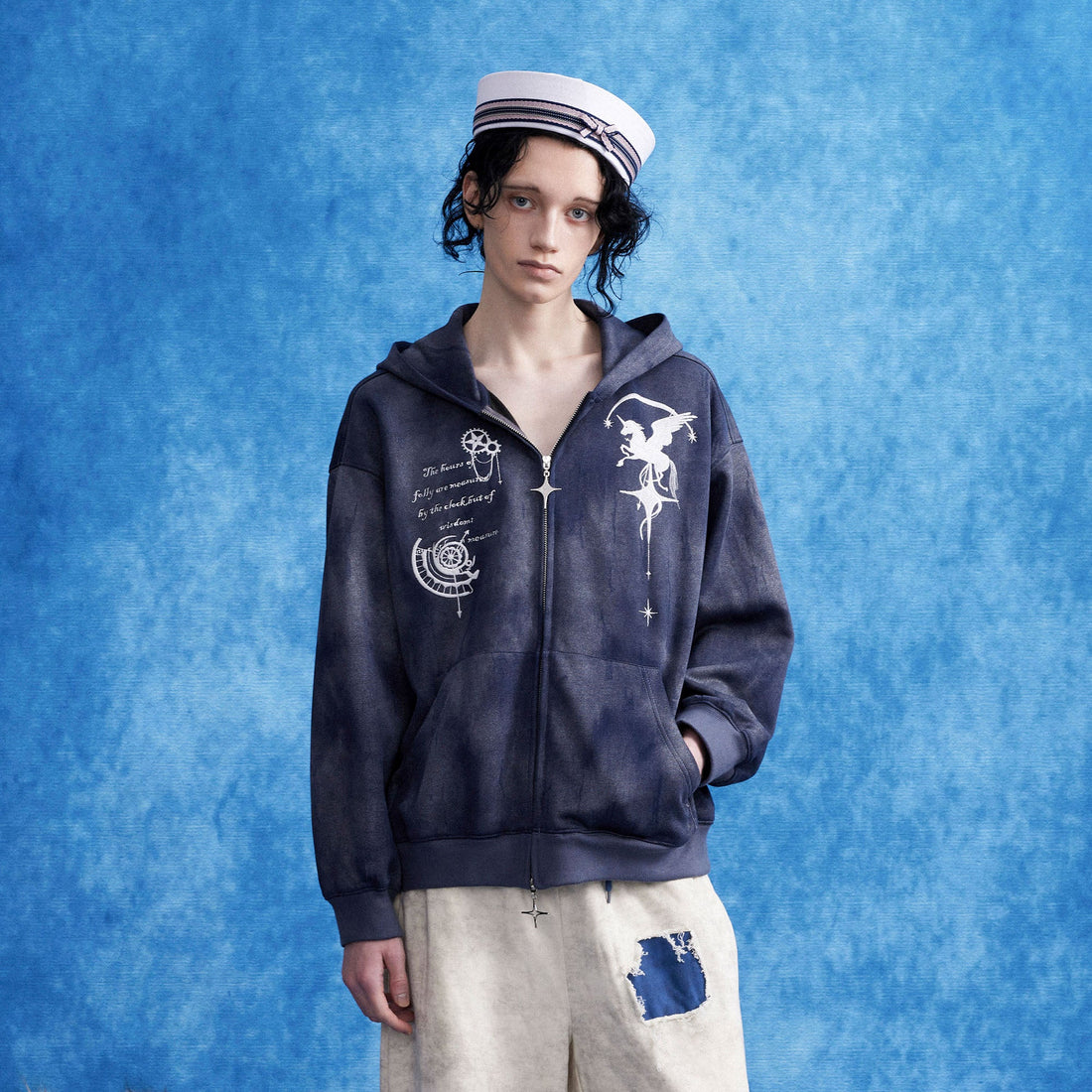 OIPWORD Embroidered Distressed Dual-Zip Hoodie-Jacket-S-Free Shipping Leatheretro