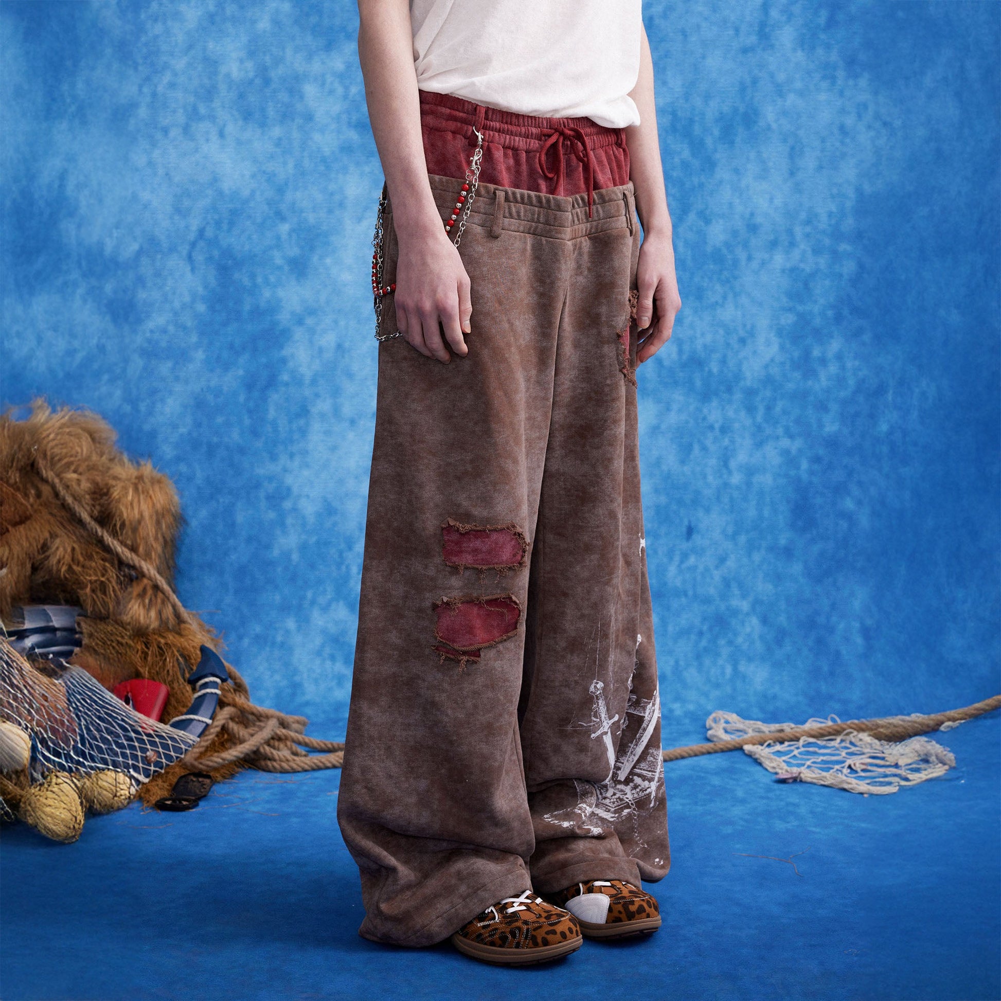 OIPWORD Distressed Ship Graphic Double-Waist Pants-Pants-S-White-Free Shipping Leatheretro