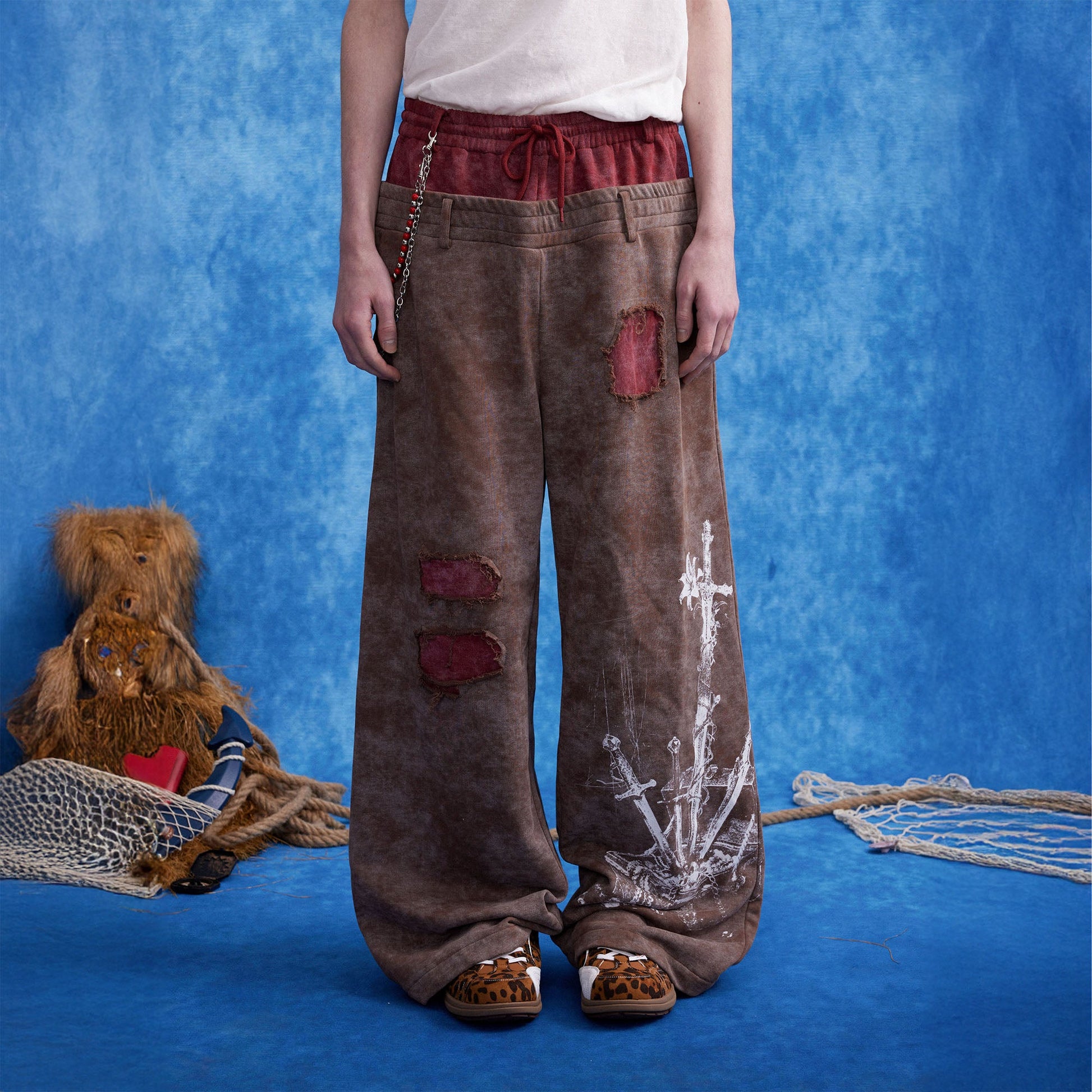 OIPWORD Distressed Ship Graphic Double-Waist Pants-Pants-S-Red-Free Shipping Leatheretro