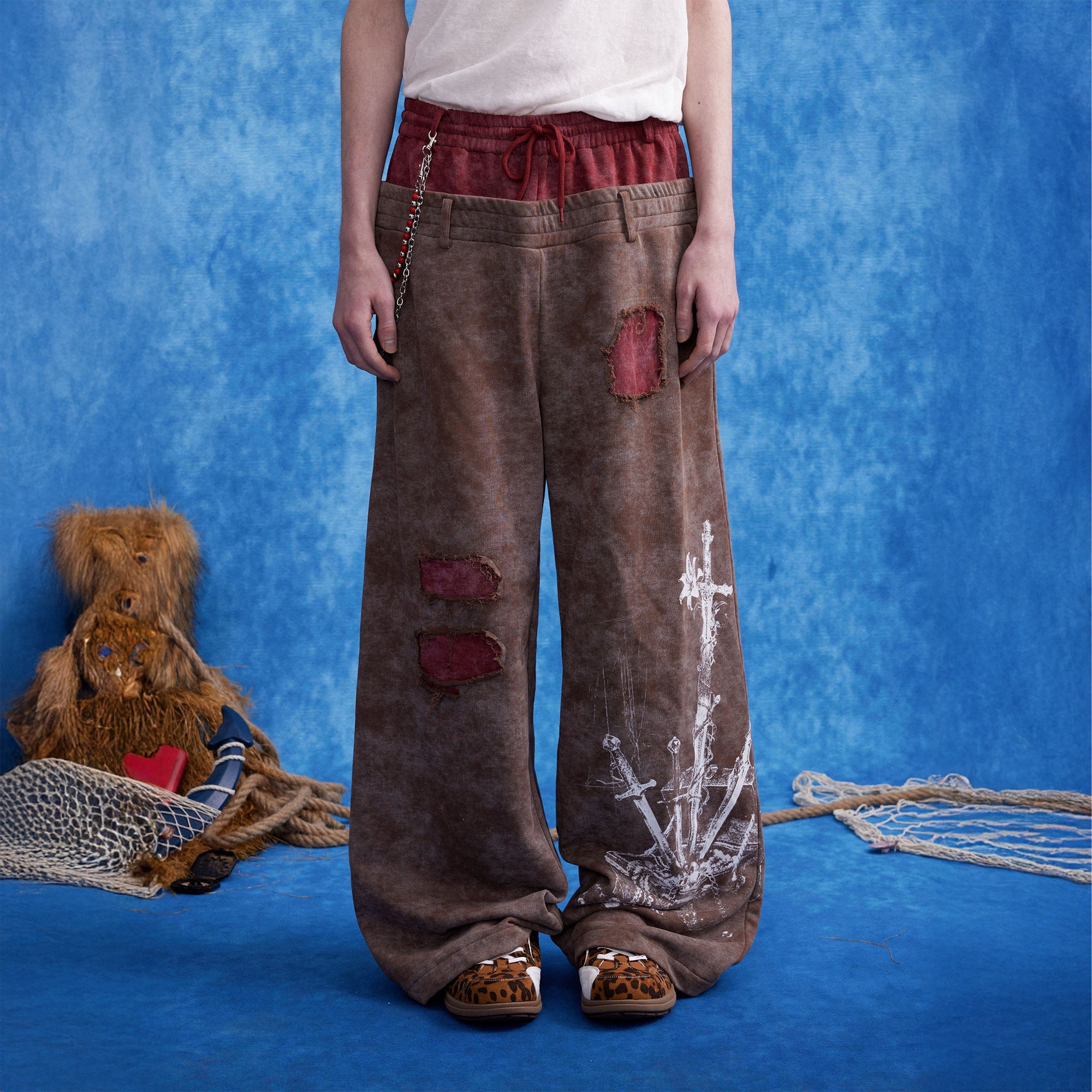 OIPWORD Distressed Ship Graphic Double-Waist Pants-Pants-S-Red-Free Shipping Leatheretro