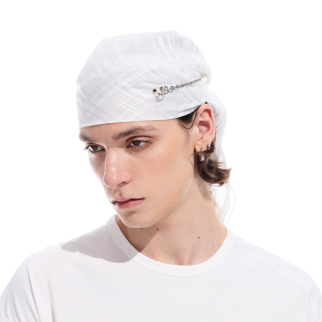 WHISTLEHUNTER Striped Detachable Chain Lace-Up Headscarf-Hat, Cap, Beanie-One Size-White-Free Shipping Leatheretro