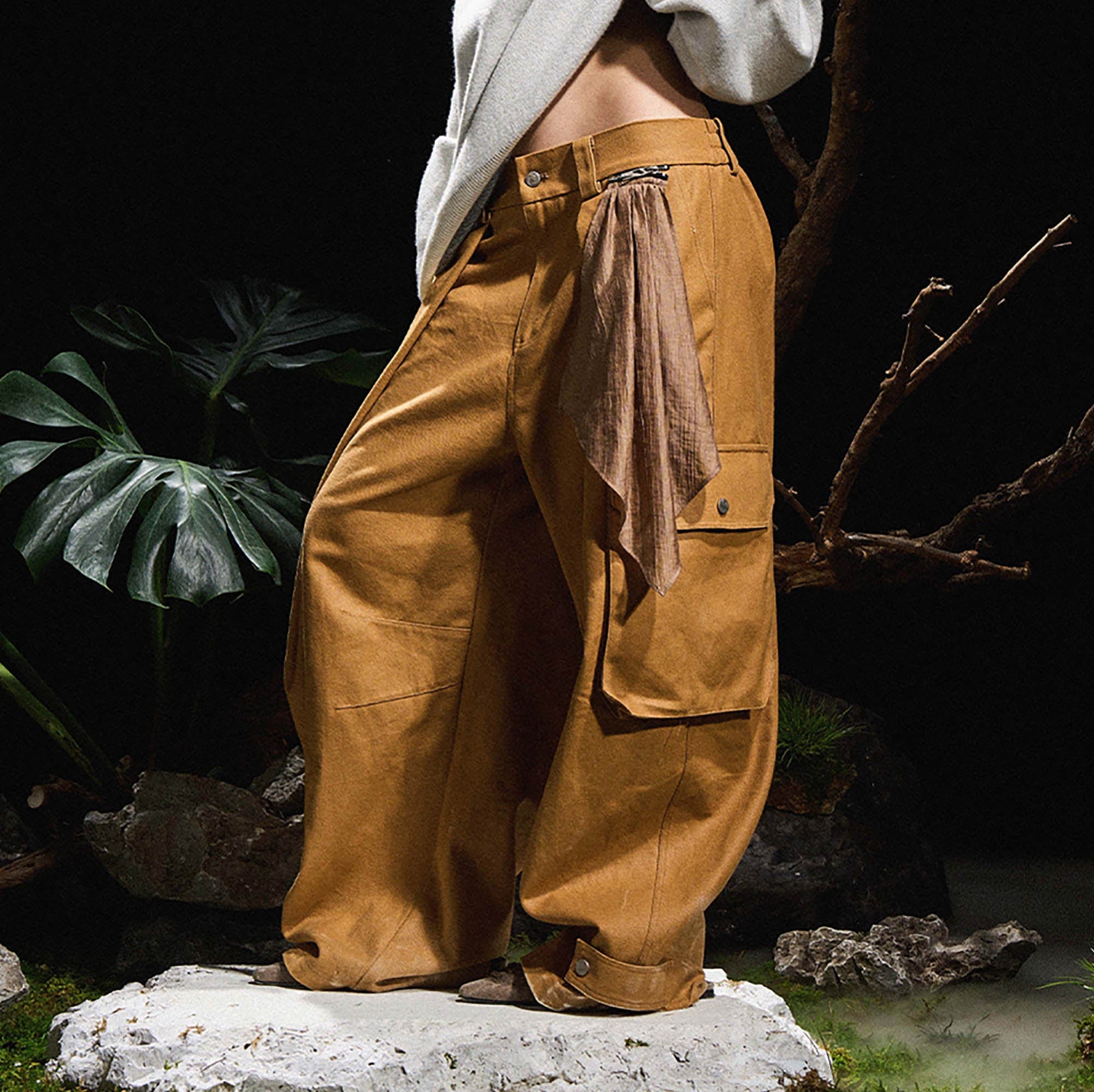 RELABEL Detachable Scarf Pleated Waxed Wide-Leg Cargo-Pants-XS-Yellow-Free Shipping Leatheretro