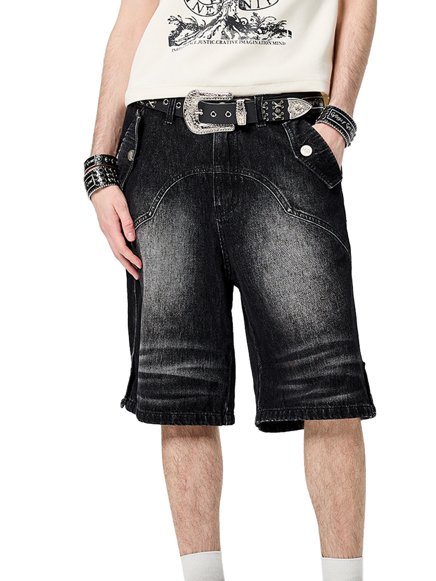 CYCYCY Retro Washed Paneled Denim Shorts-Shorts-XS / 28“-Free Shipping Leatheretro