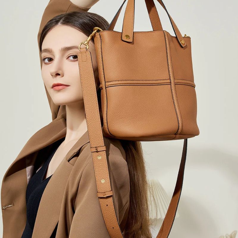 Genuine Leather Large Capacity Bucket Shoulder Bag-Handbags-Brown-Free Shipping Leatheretro
