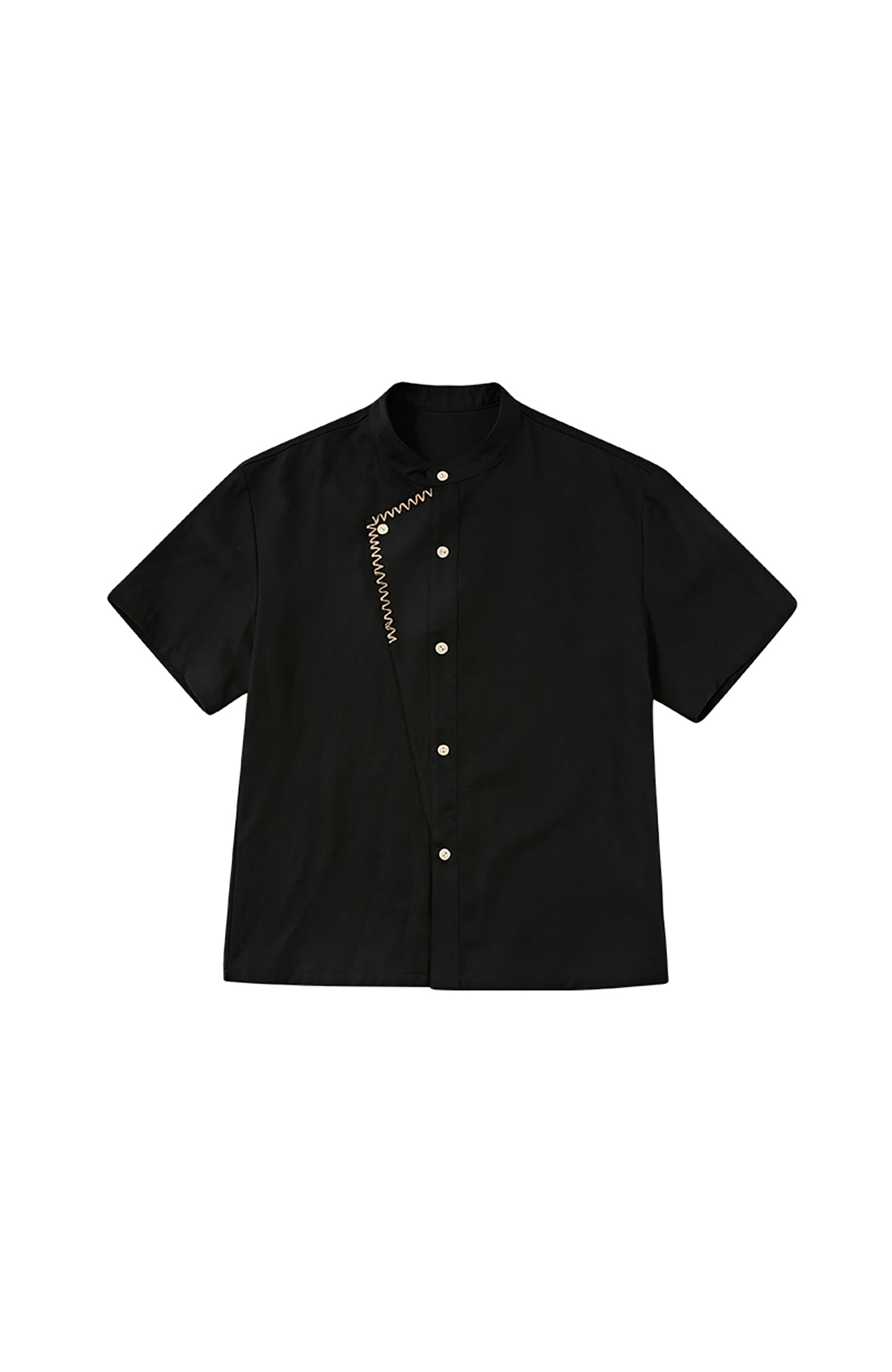 KREATE Stitched Faux-Placket Short Sleeve Shirt-Shirt-S-Black-Free Shipping Leatheretro