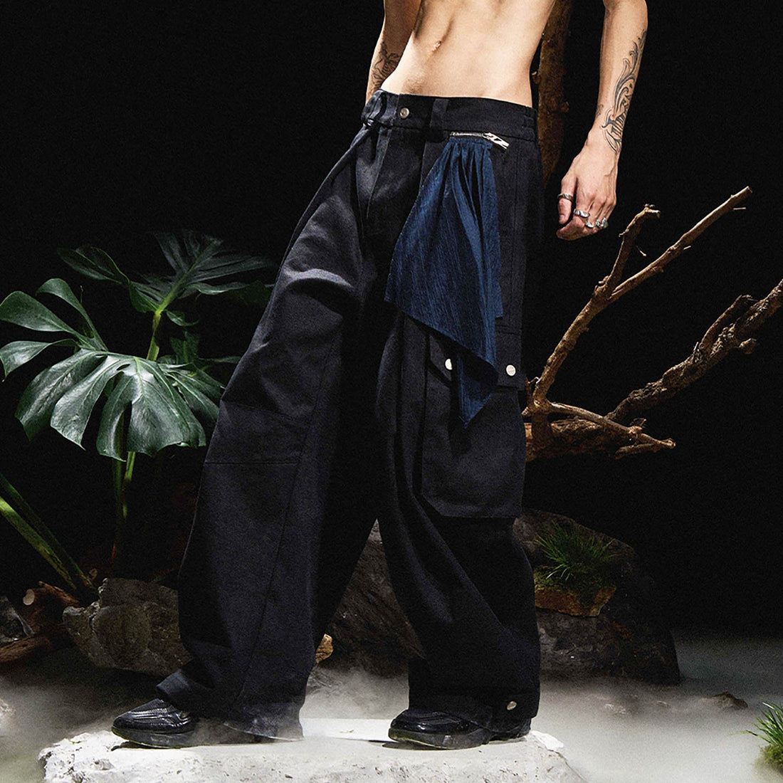 RELABEL Detachable Scarf Pleated Waxed Wide-Leg Cargo-Pants-XS-Yellow-Free Shipping Leatheretro