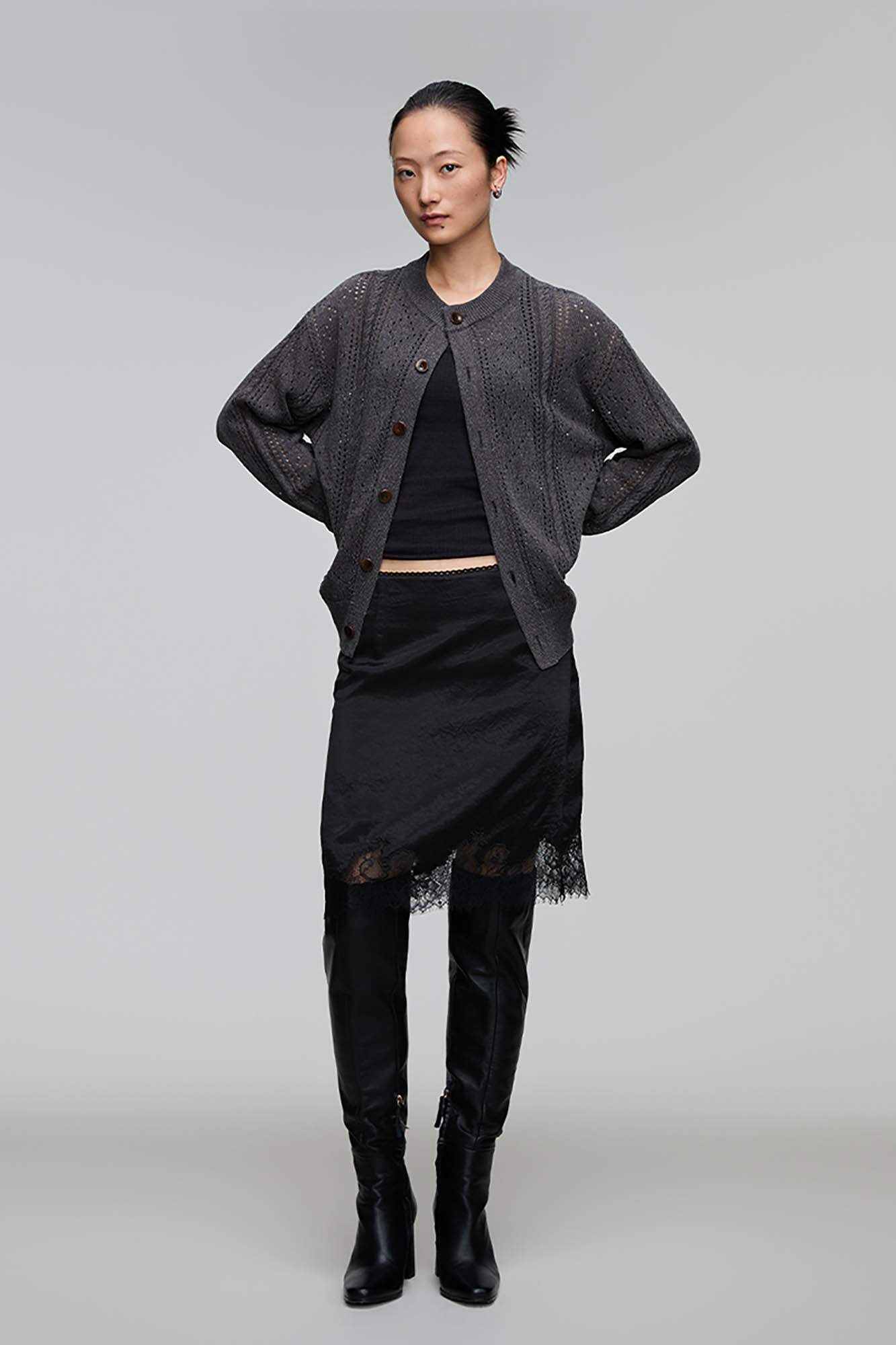 OPICLOTH Eyelet Knit Button-Up Cardigan-Jacket-XS-Grey-Free Shipping Leatheretro