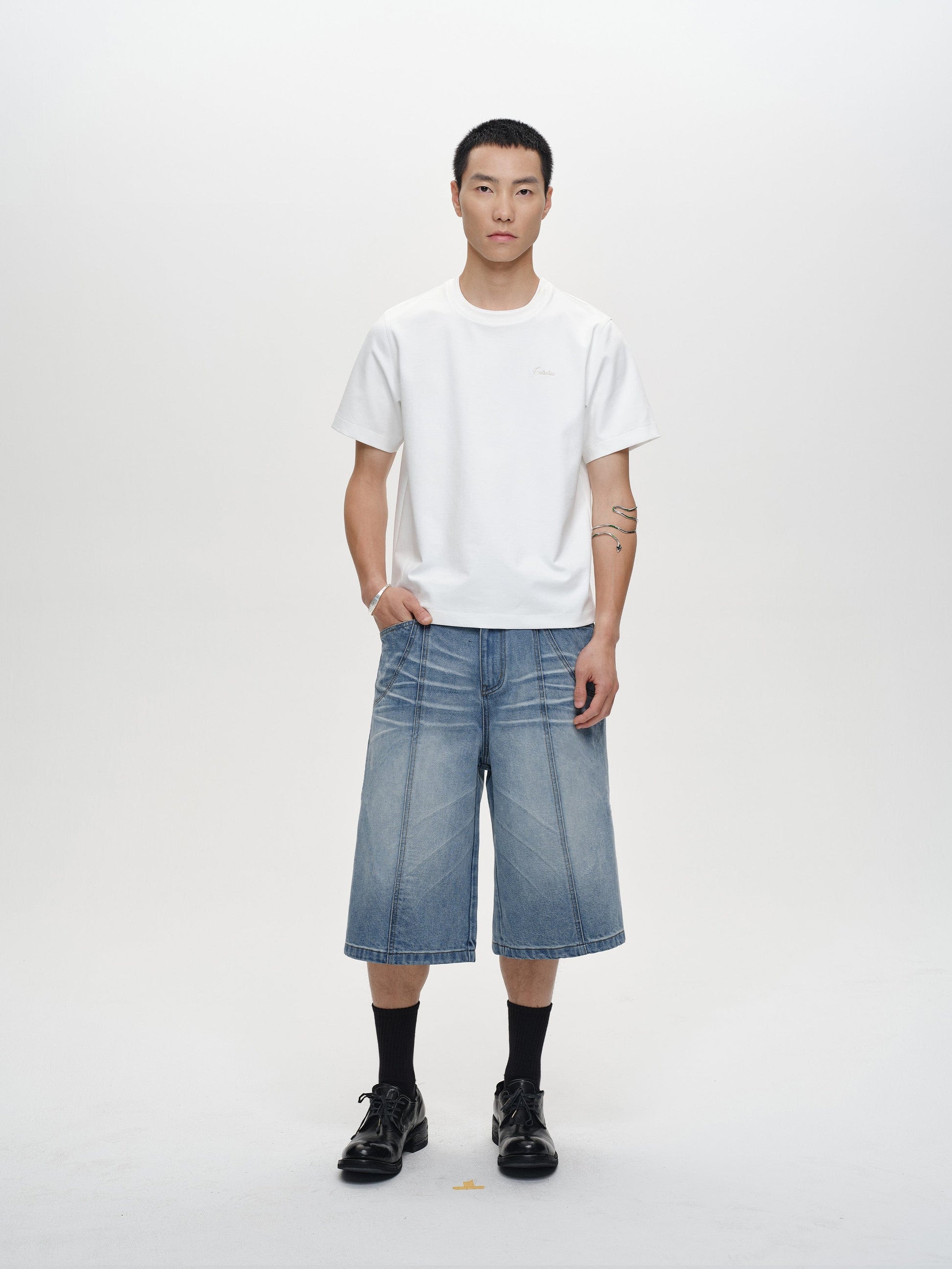 CATSSTAC Whisker-Wash Middle-Spliced Wide-Leg Shorts-Shorts-Blue-M-Free Shipping Leatheretro