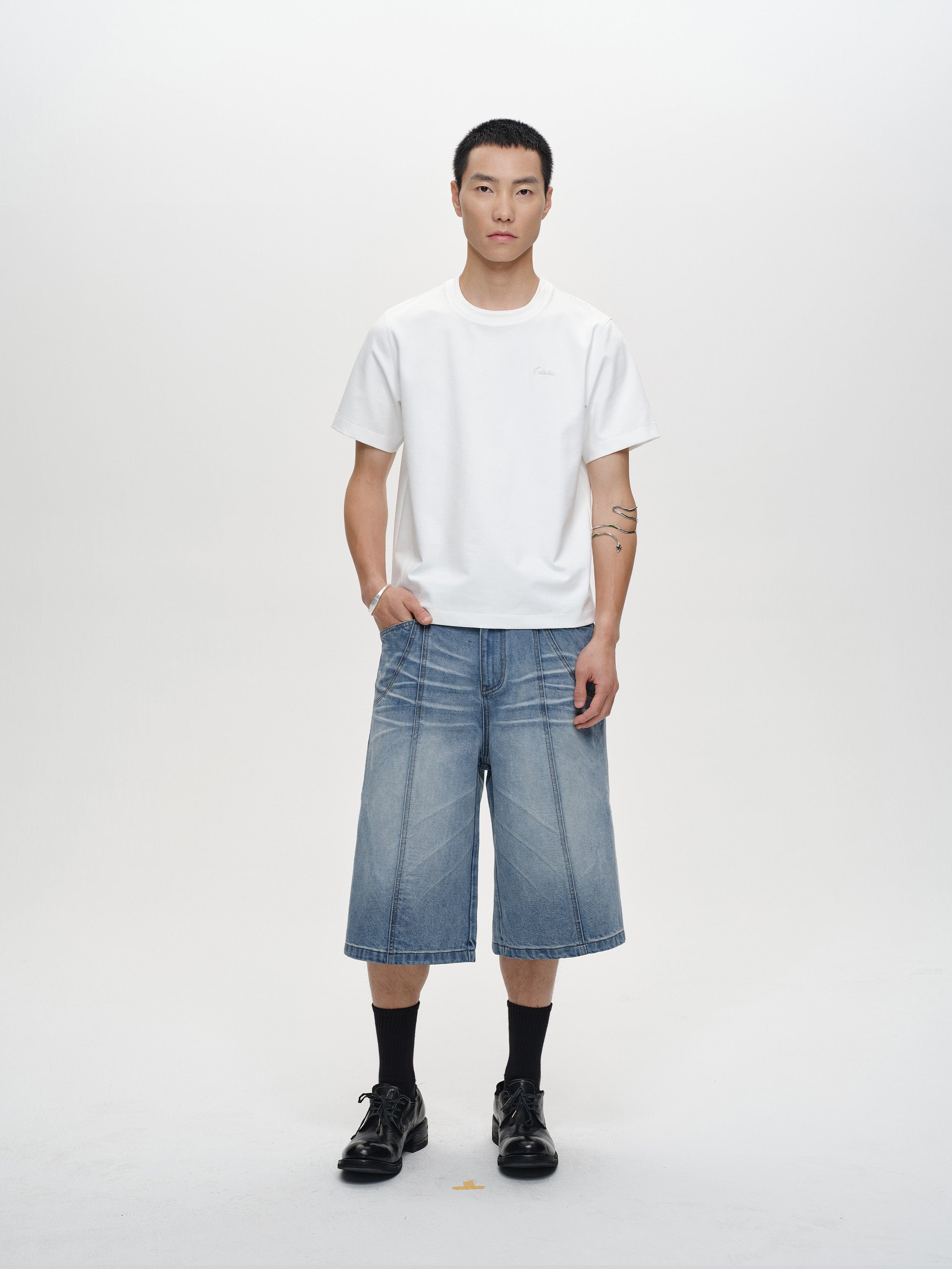 CATSSTAC Whisker-Wash Middle-Spliced Wide-Leg Shorts-Shorts-Blue-M-Free Shipping Leatheretro