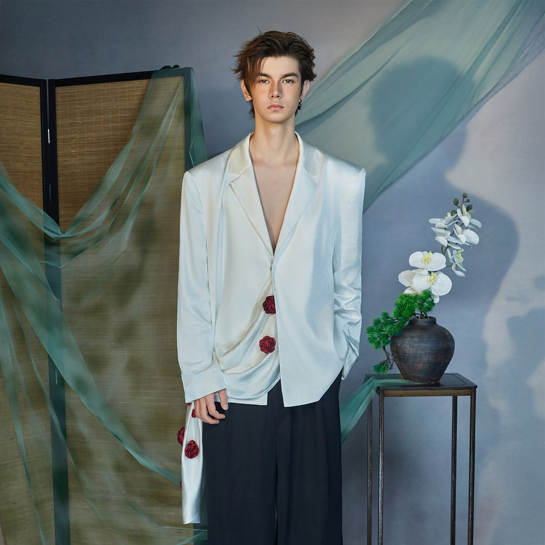 JIECHI Rose Embellished Draped Satin Blazer-Jacket-M (Preorder)-Free Shipping Leatheretro