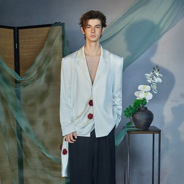 JIECHI Rose Embellished Draped Satin Blazer-Jacket-M (Preorder)-Free Shipping Leatheretro