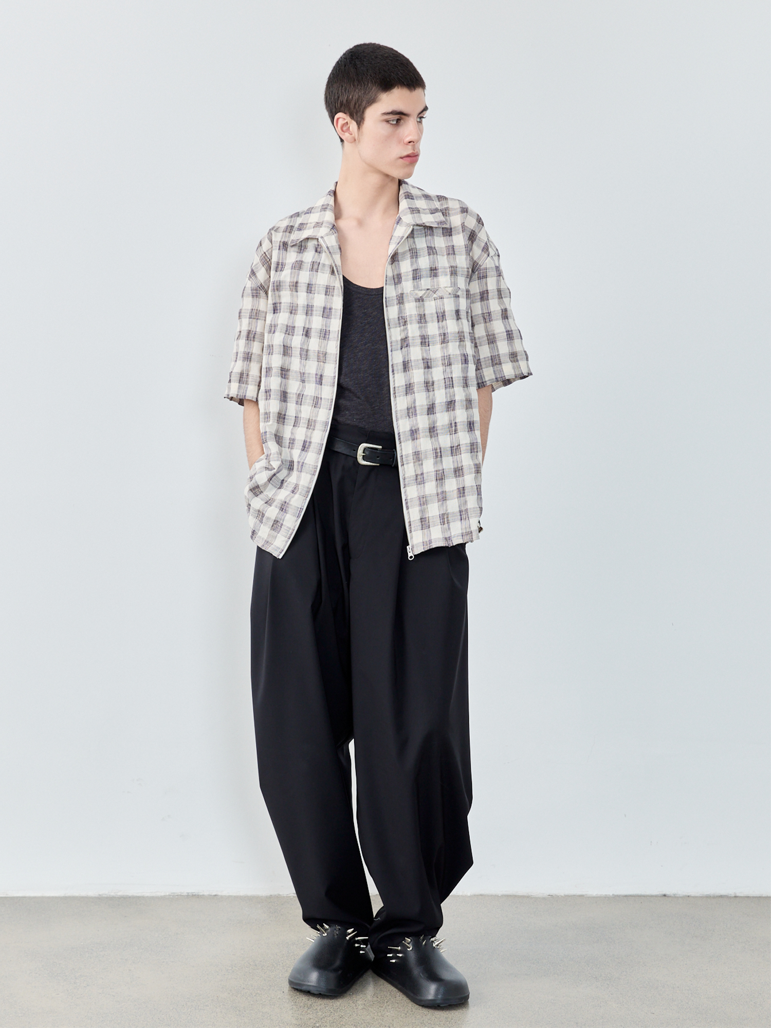 GRAINMUSTARD Retro Plaid Zip Half Shirt-Half shirt-XS-Free Shipping Leatheretro