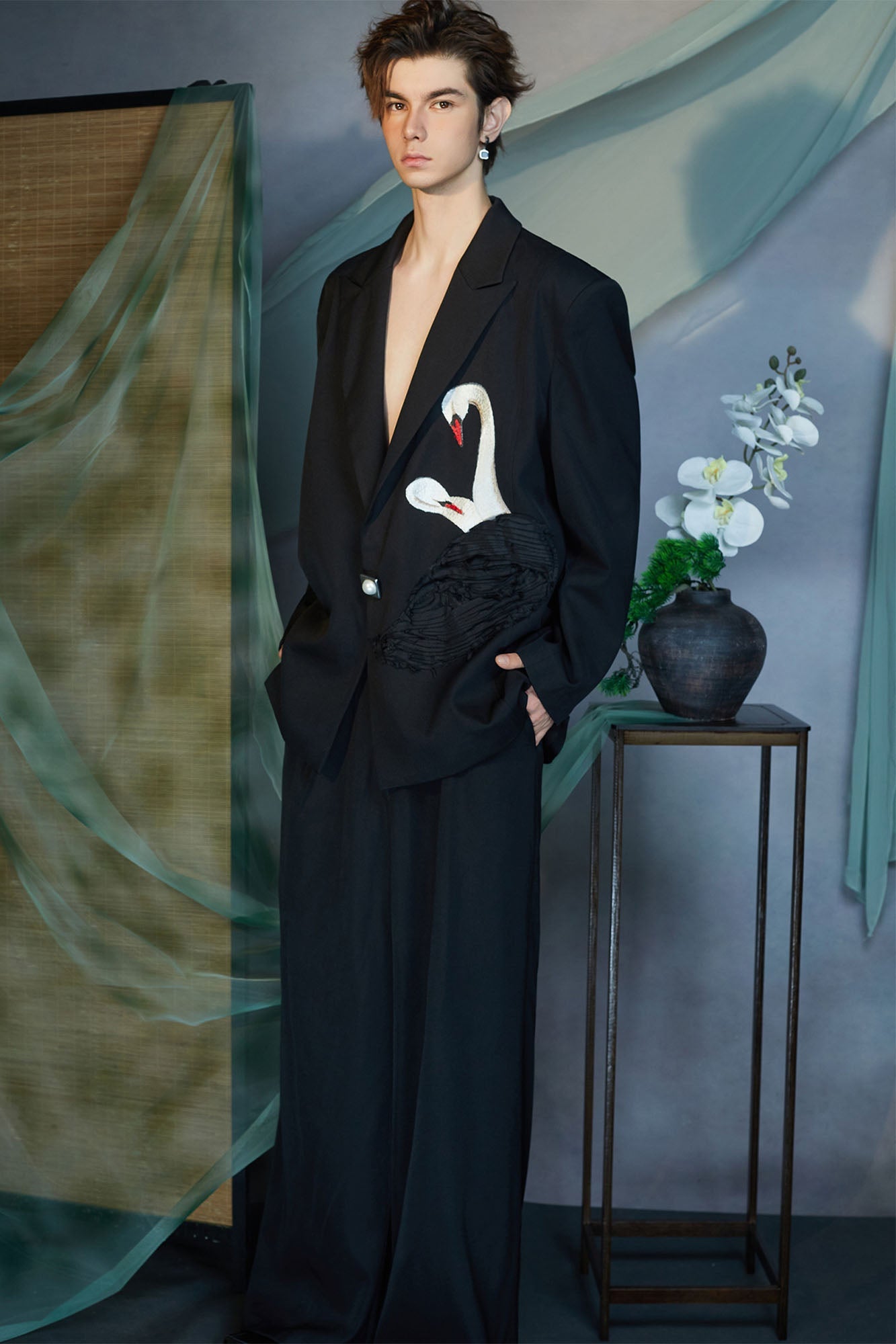 JIECHI Swan Embroidered Pearl Button Blazer-Jacket-M (Preorder)-Free Shipping Leatheretro